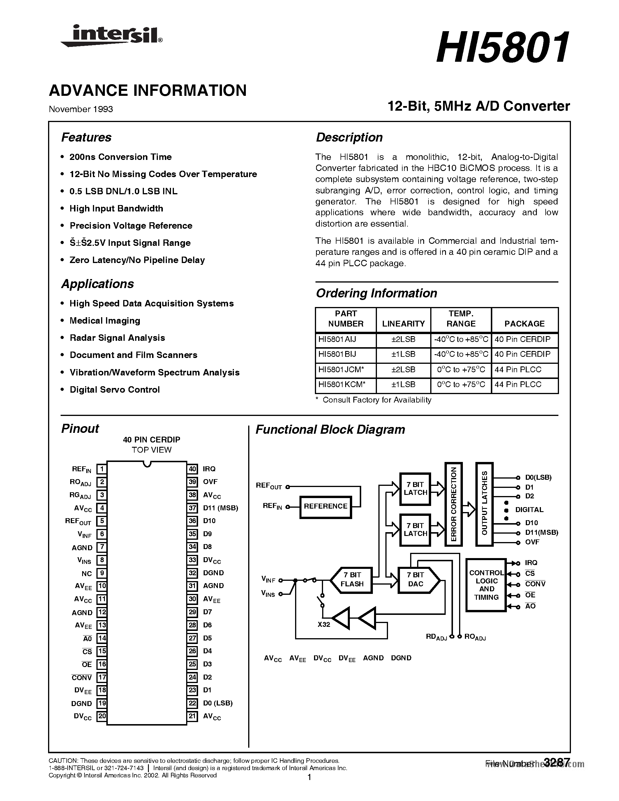 Даташит HI5801 - A/D Converter страница 1