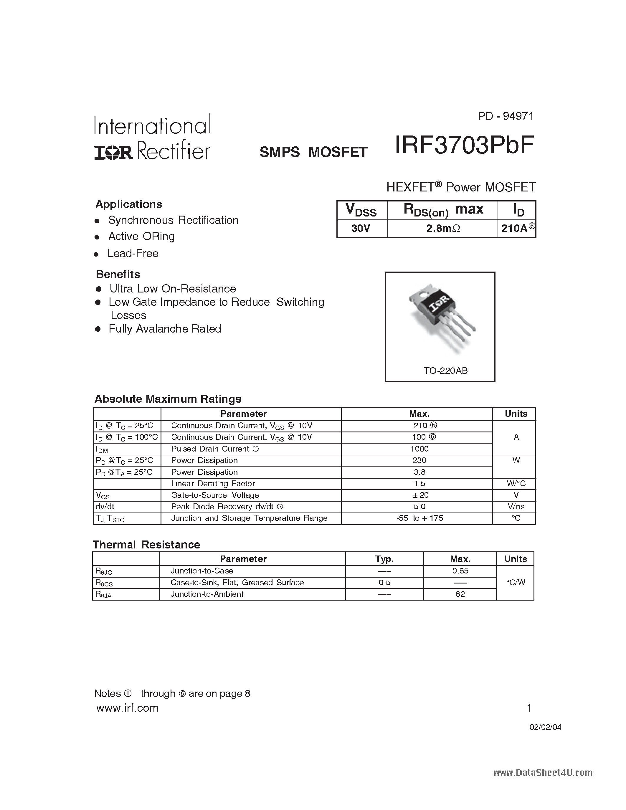 Datasheet IRF3703PBF - SMPS MOSFET page 1