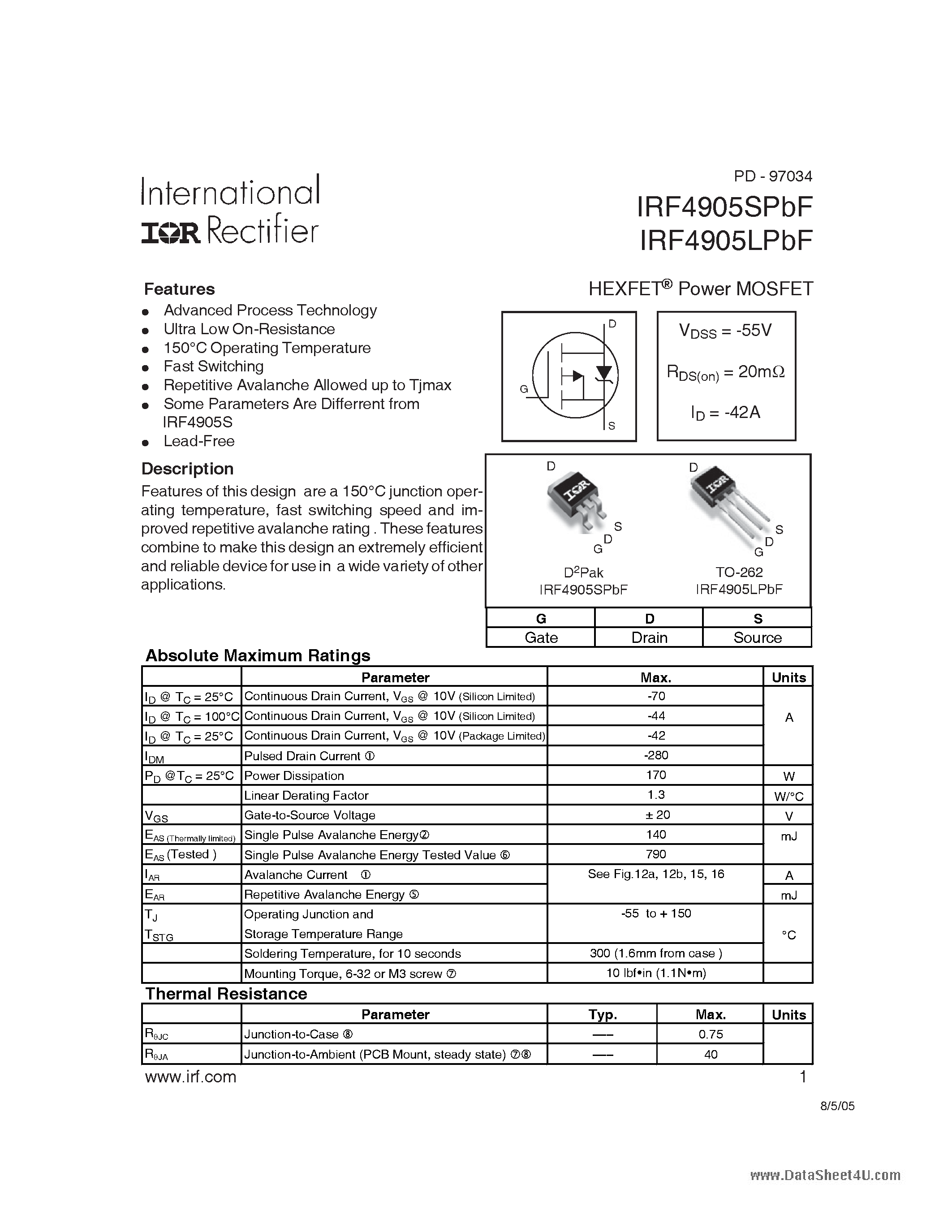 Datasheet IRF4905LPBF page 1 Datasheet IRF4905LPBF - HEXFET Power MOSFET page 1