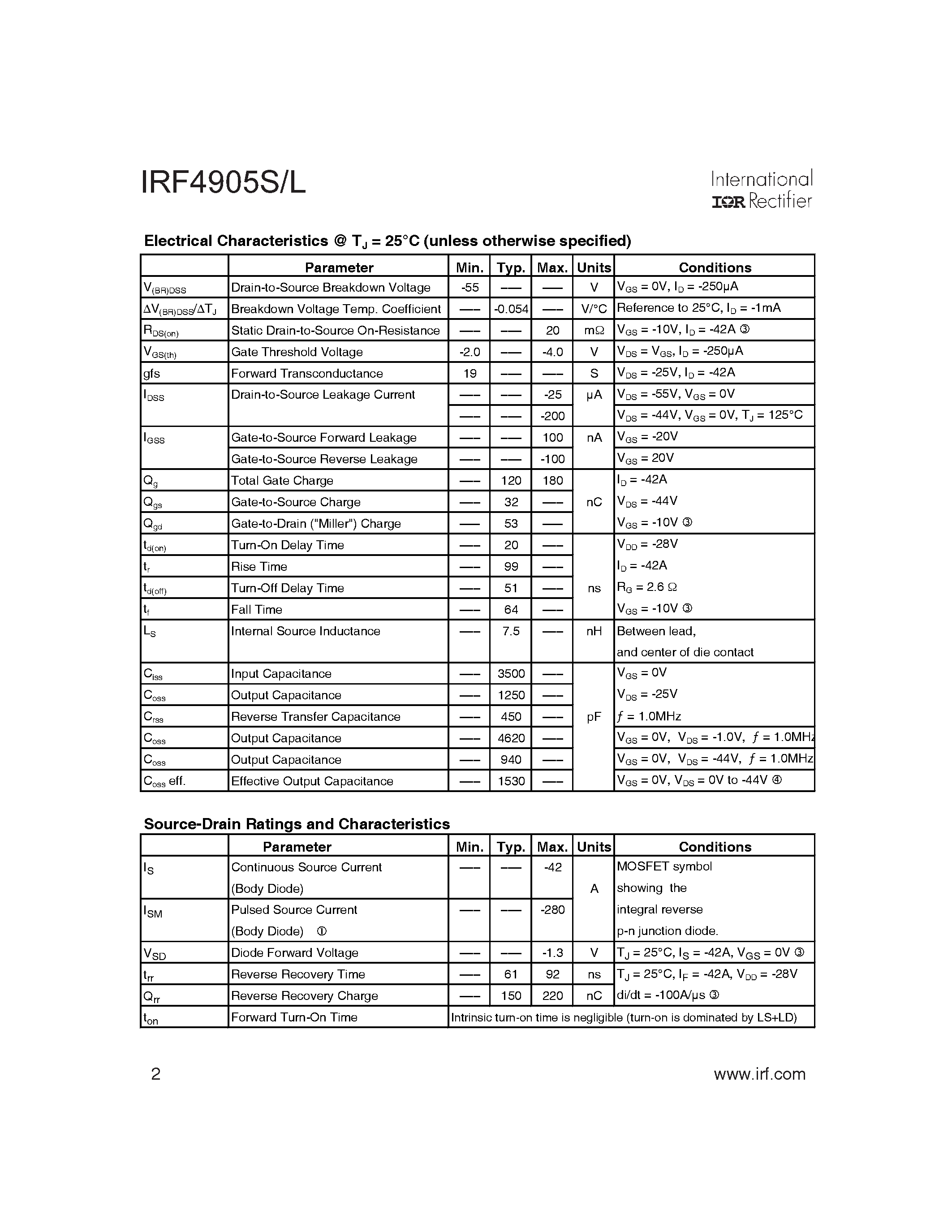 Datasheet IRF4905LPBF page 2 Datasheet IRF4905LPBF - HEXFET Power MOSFET page 2