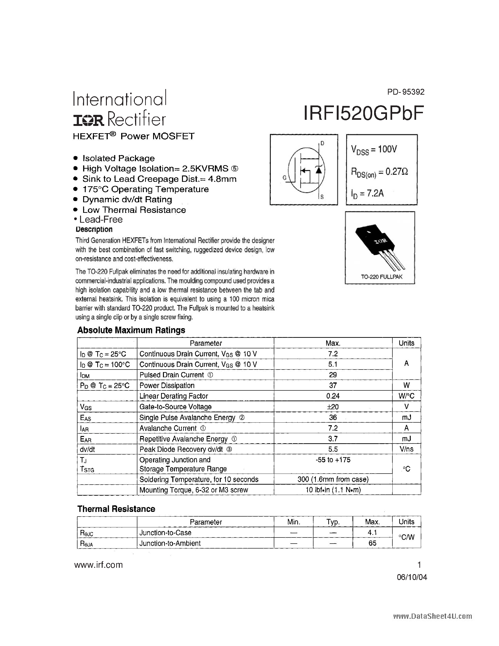 Datasheet IRFI520GPBF - HEXFET Power MOSFET page 1