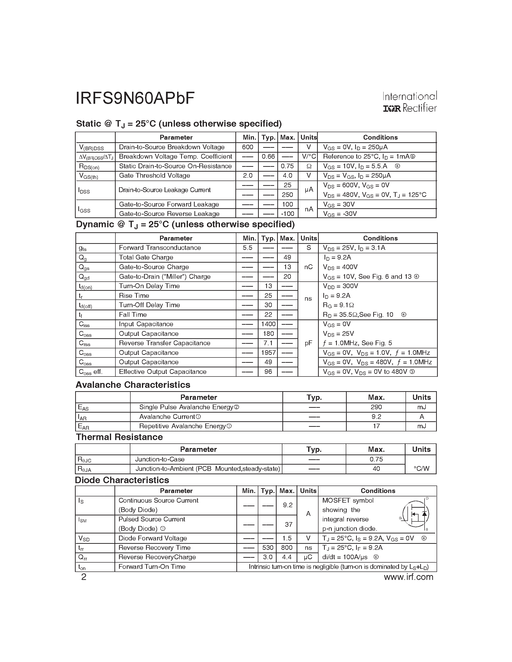 Datasheet IRFS9N60APBF - SMPS MOSFET page 2