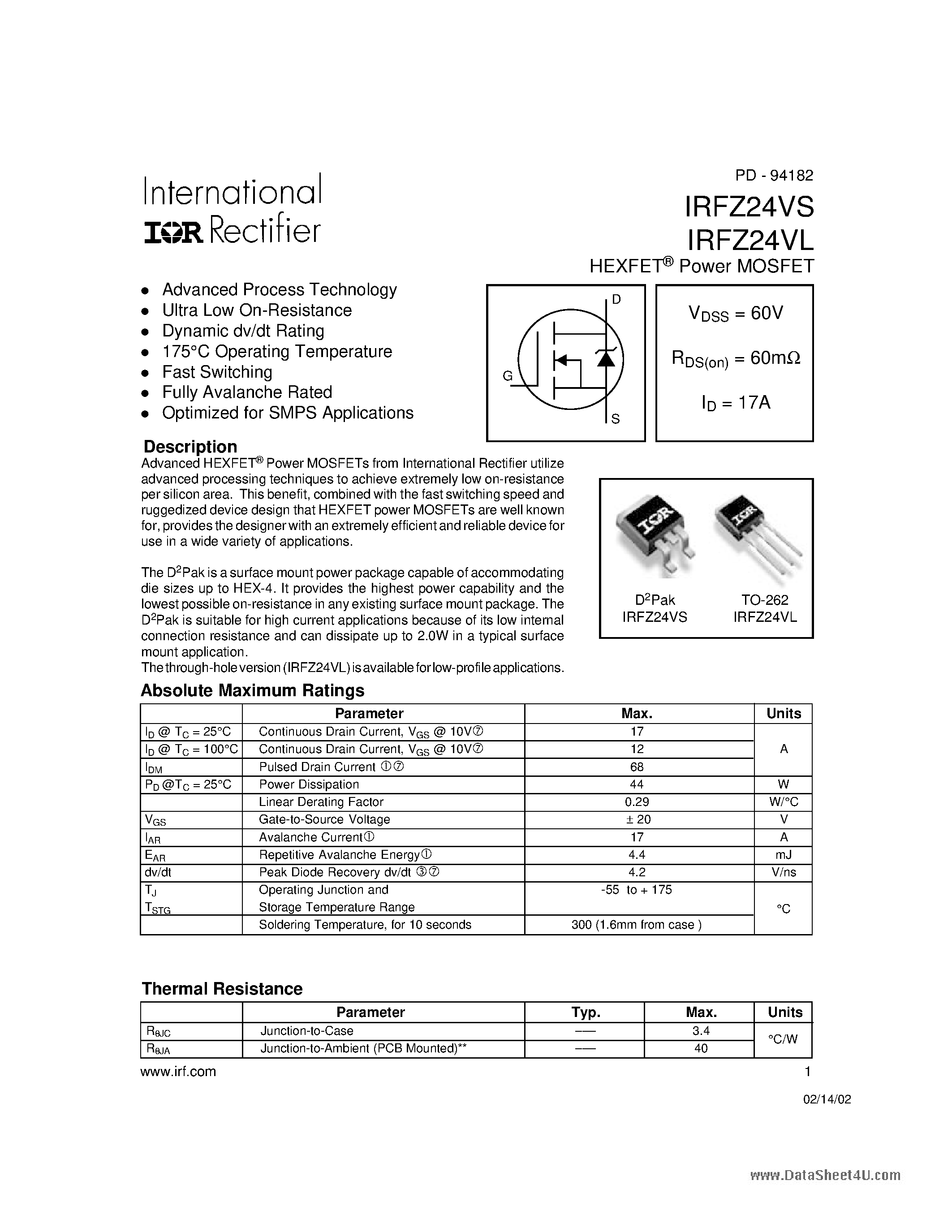 Datasheet IRFZ24VL - HEXFET Power MOSFET page 1