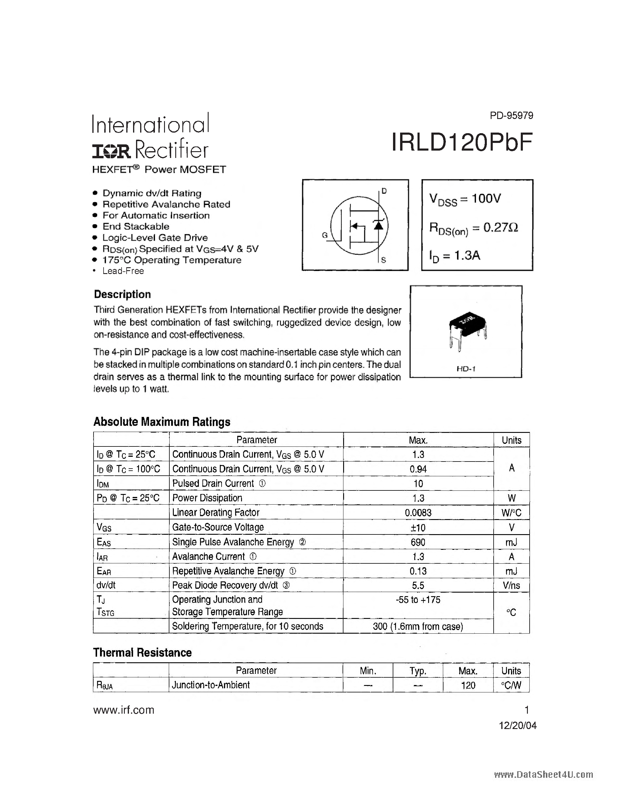 Datasheet IRLD120PBF page 1 Datasheet IRLD120PBF - HEXFET Power MOSFET page 1