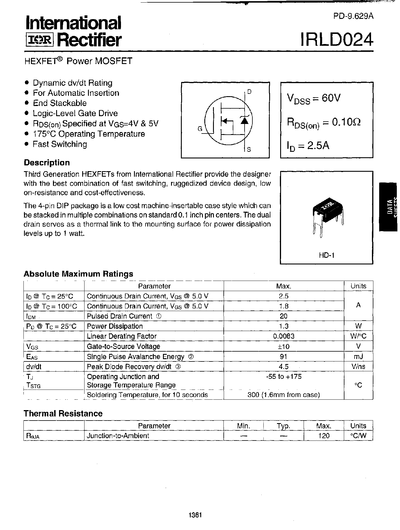 Datasheet IRLD024 - Power MOSFET page 1