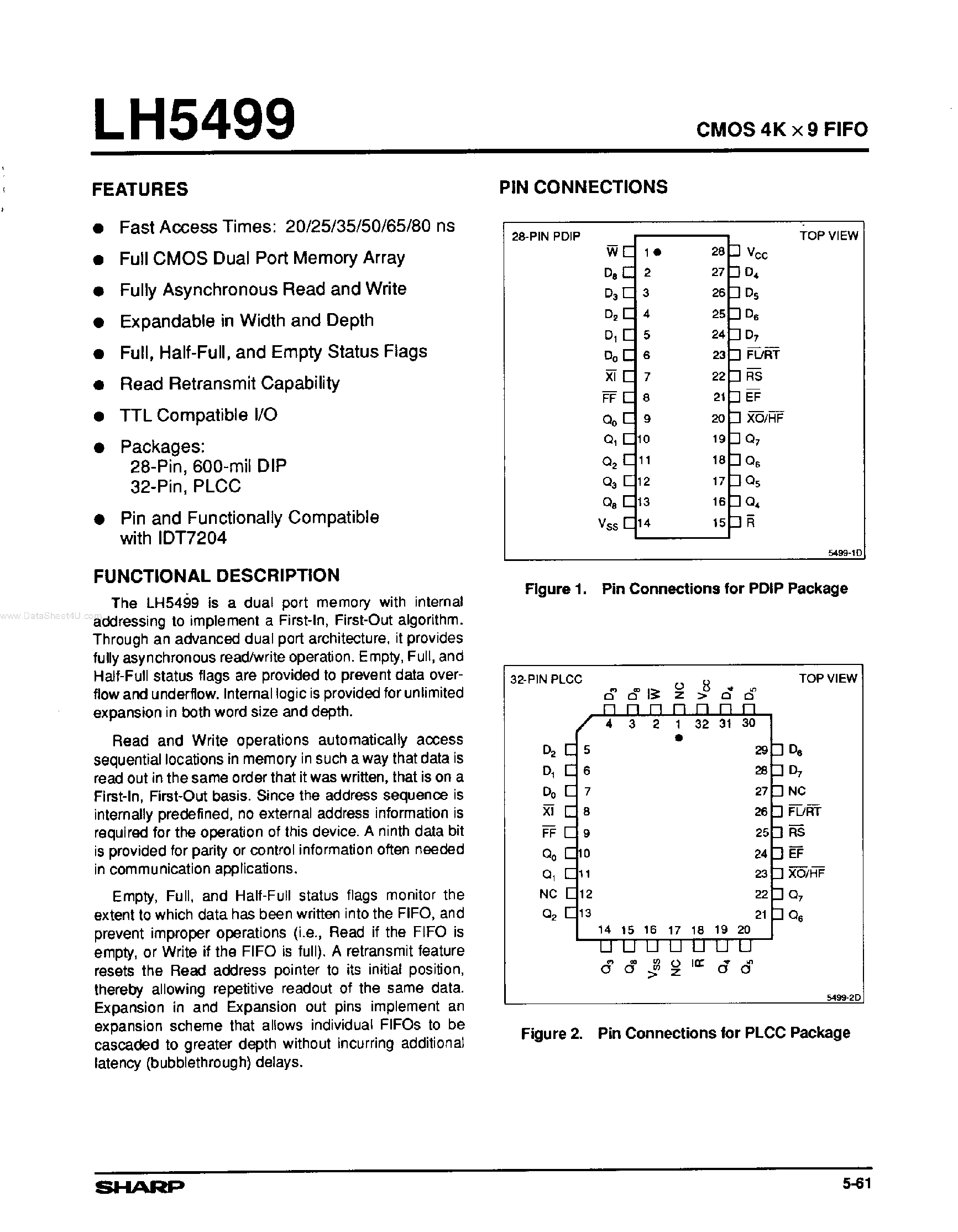 Datasheet LH5499 - CMOS 4K x 9 FIFO page 1