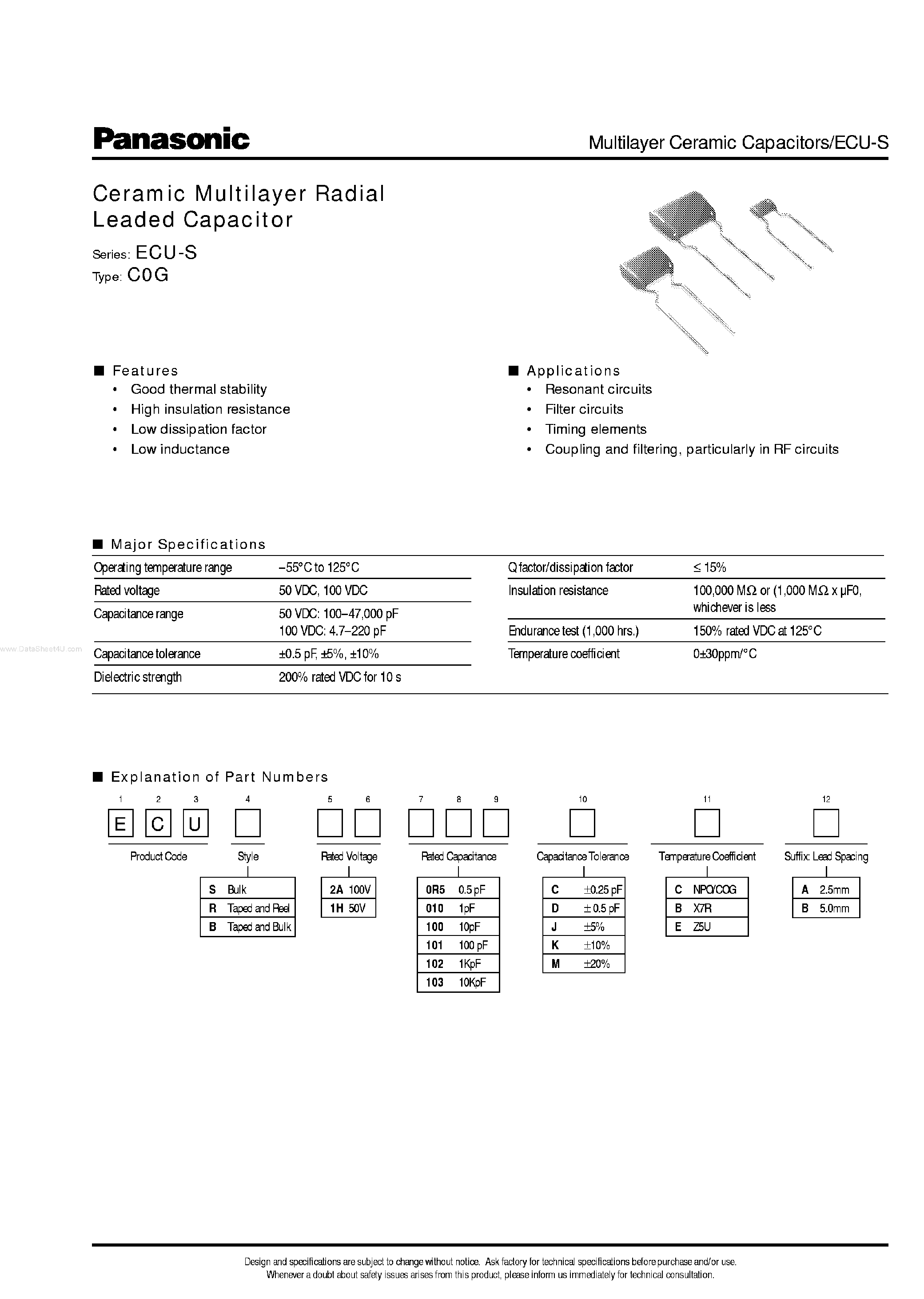 Datasheet ECU-R1Hxxxxxx page 1 Datasheet ECU-R1Hxxxxxx - (ECU-S) Ceramic Multilayer Redial Leaded Capacitor page 1
