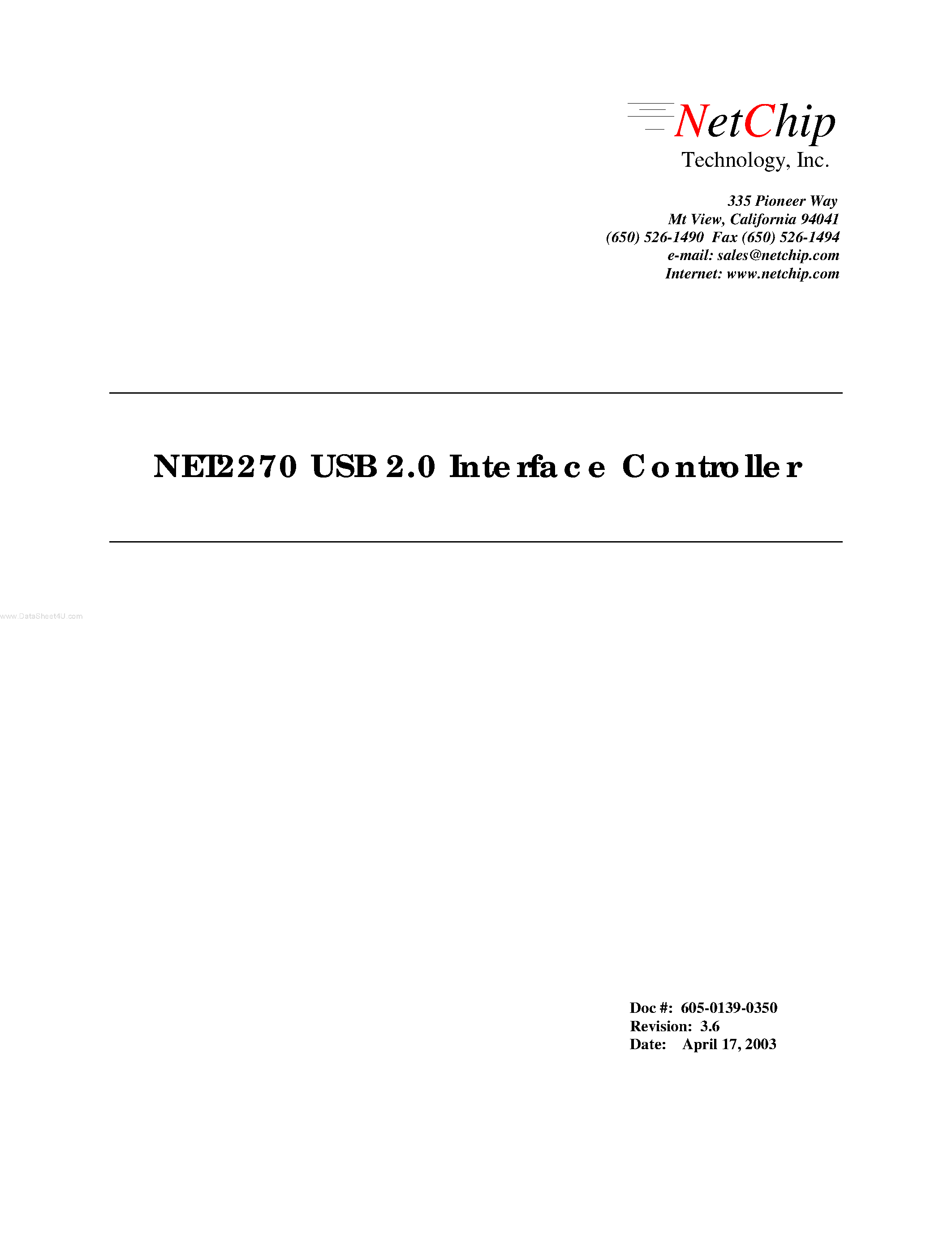Datasheet NET2270 - USB 2.0 Interface Controller page 1