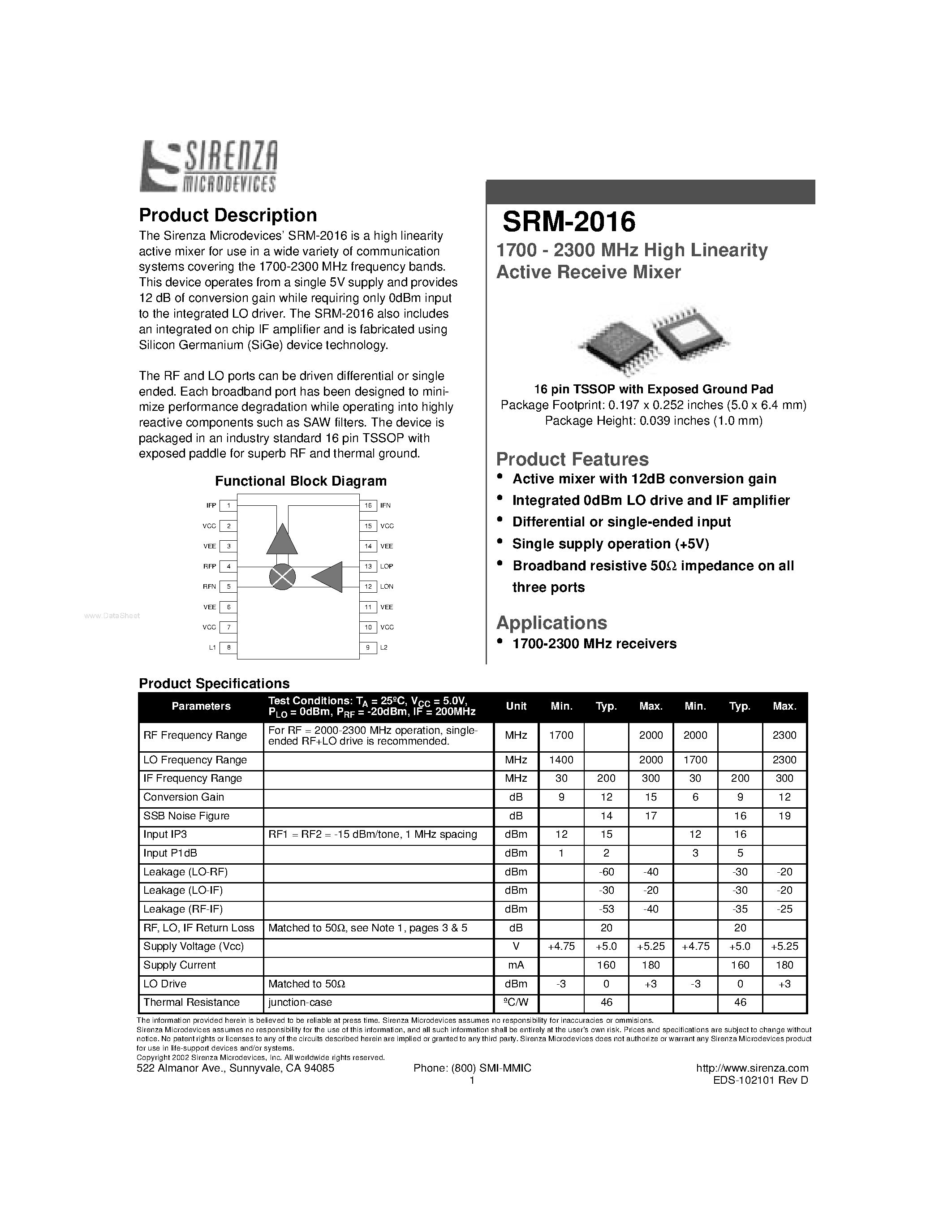 Даташит SRM-2016 - High Linearity Active Receive Mixer страница 1