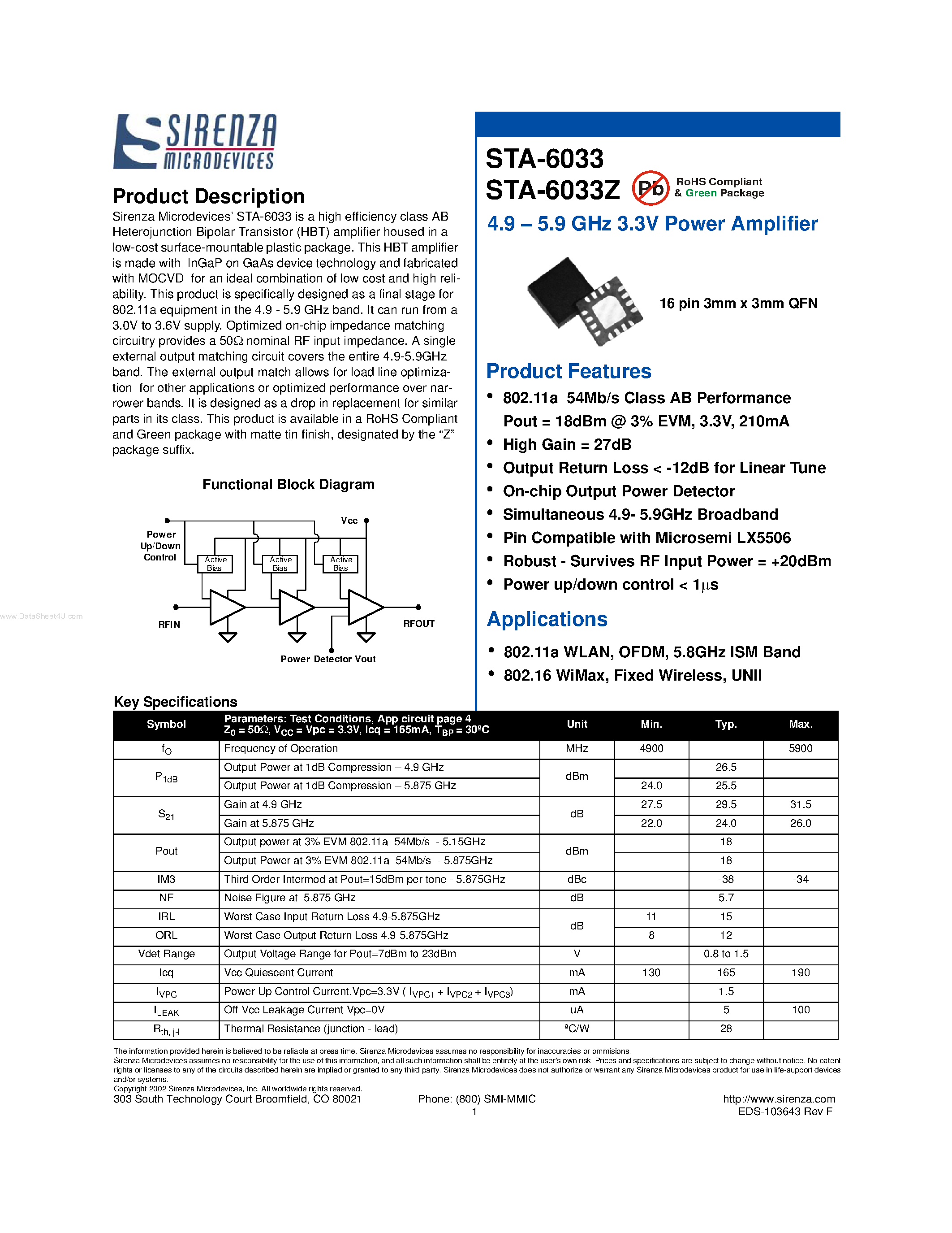 Datasheet STA-6033 page 1 Datasheet STA-6033 - Power Amplifier page 1