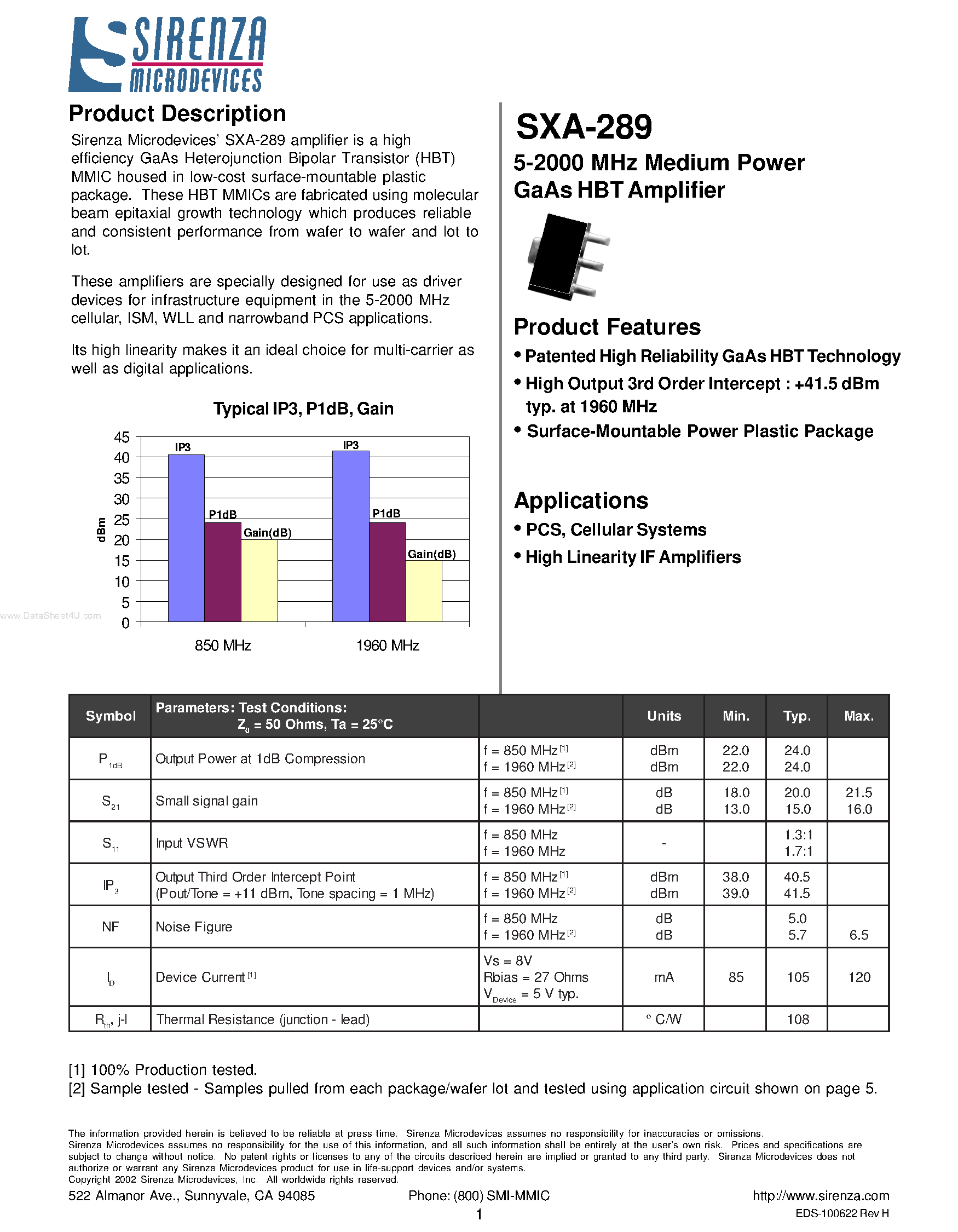 Даташит SXA-289 - Medium Power GaAs HBT Amplifier страница 1