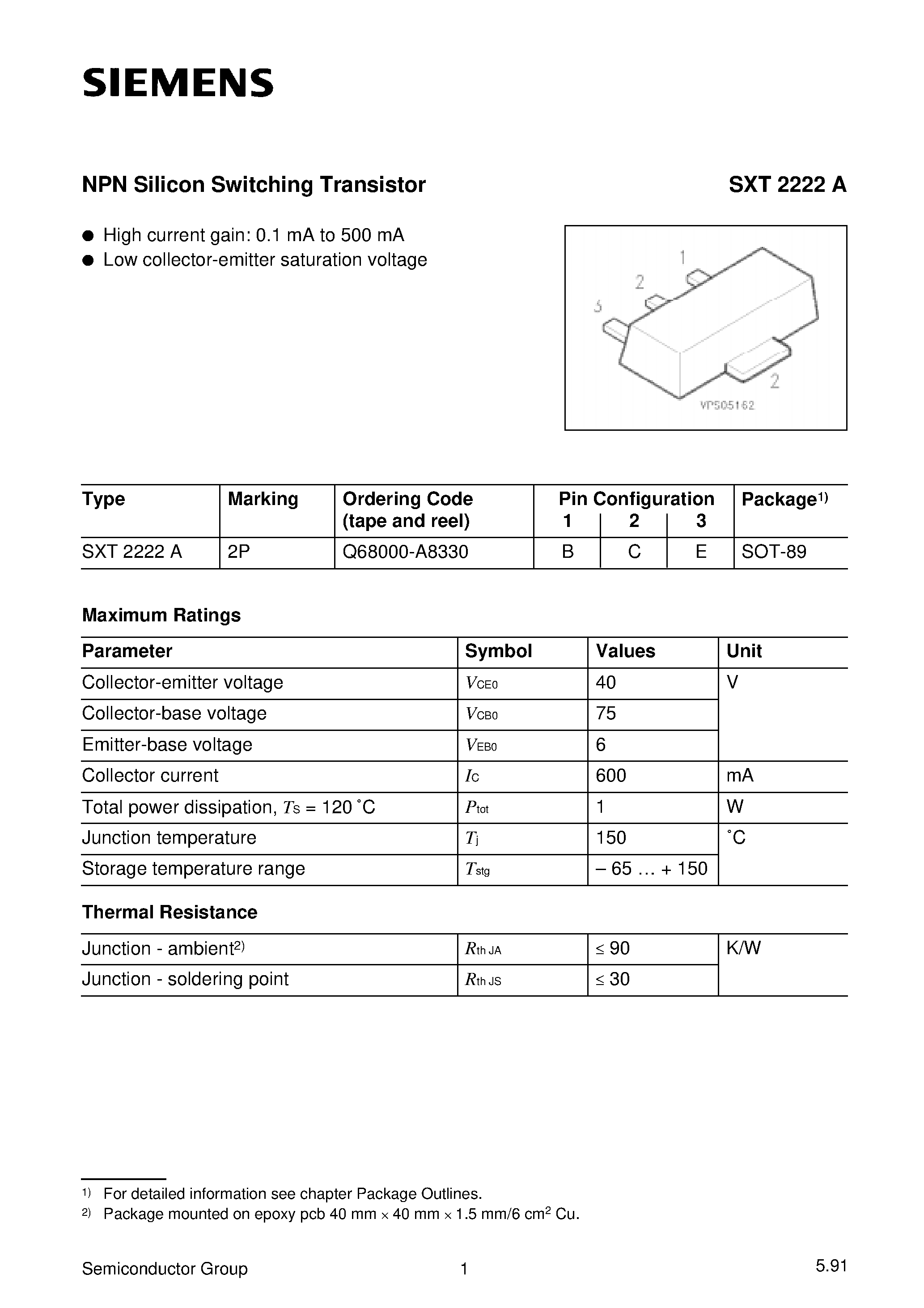Datasheet SXT2222A page 1 Datasheet SXT2222A - NPN Silicon Switching Transistor page 1