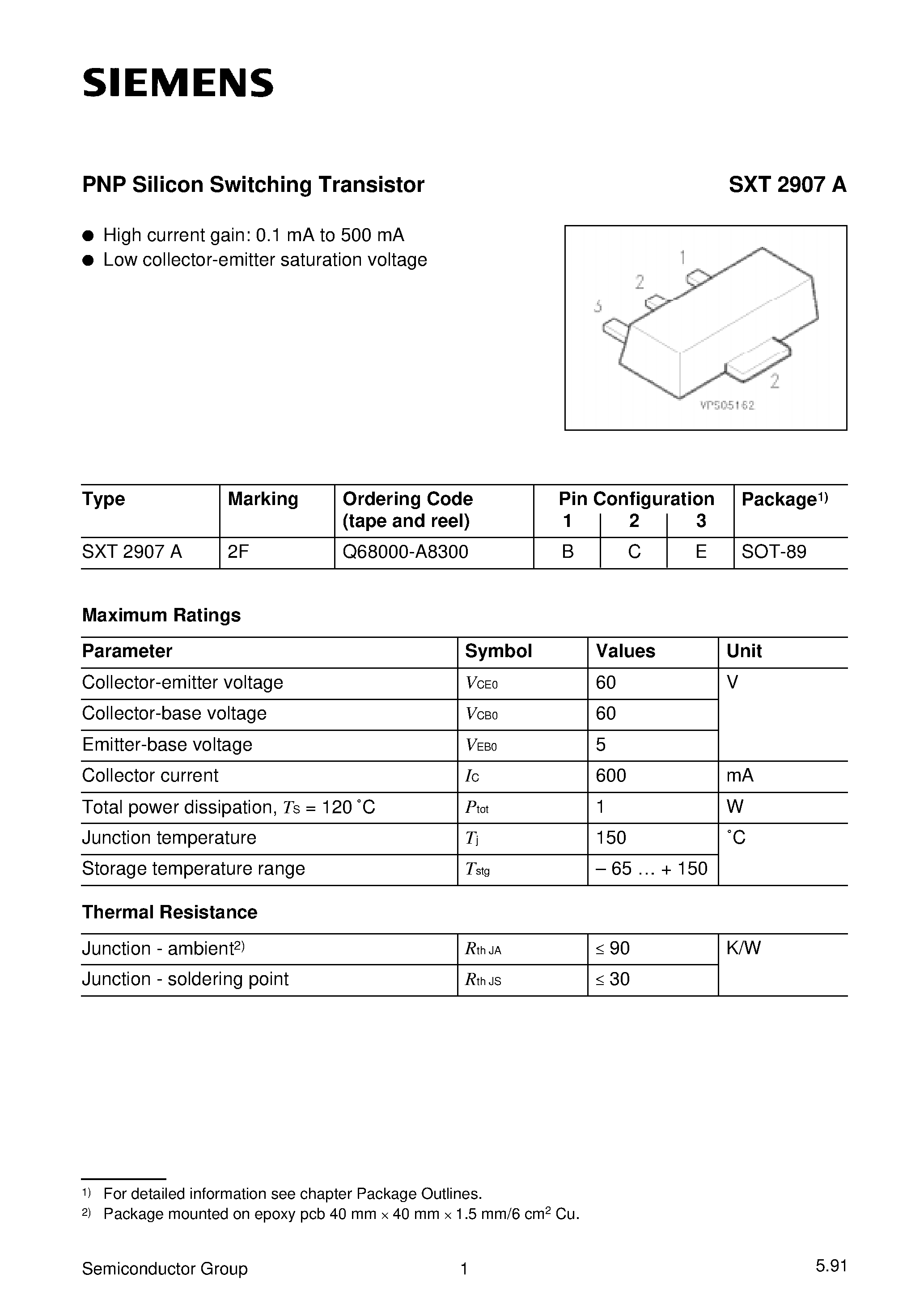 Datasheet SXT2907A page 1 Datasheet SXT2907A - PNP Silicon Switching Transistor page 1