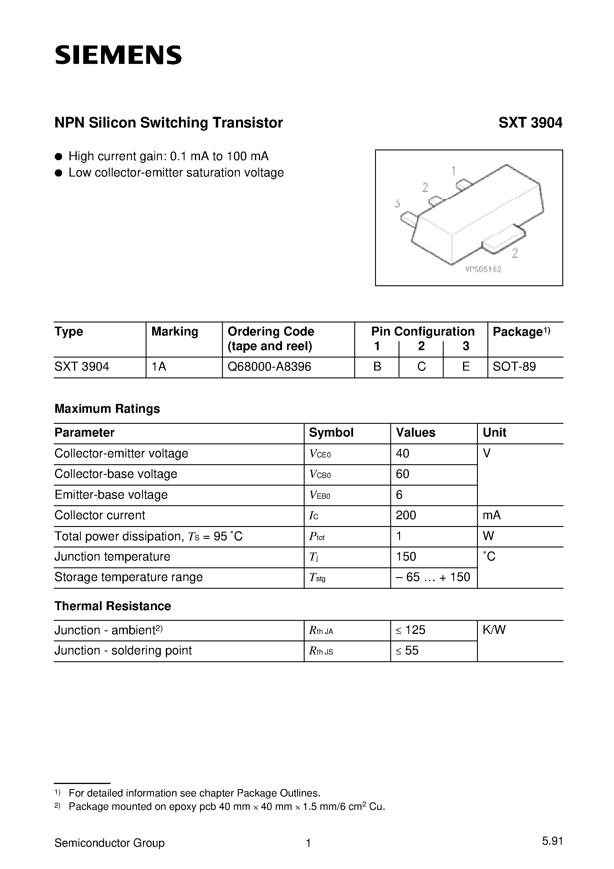 Datasheet SXT3904 page 1 Datasheet SXT3904 - NPN Silicon Switching Transistor page 1