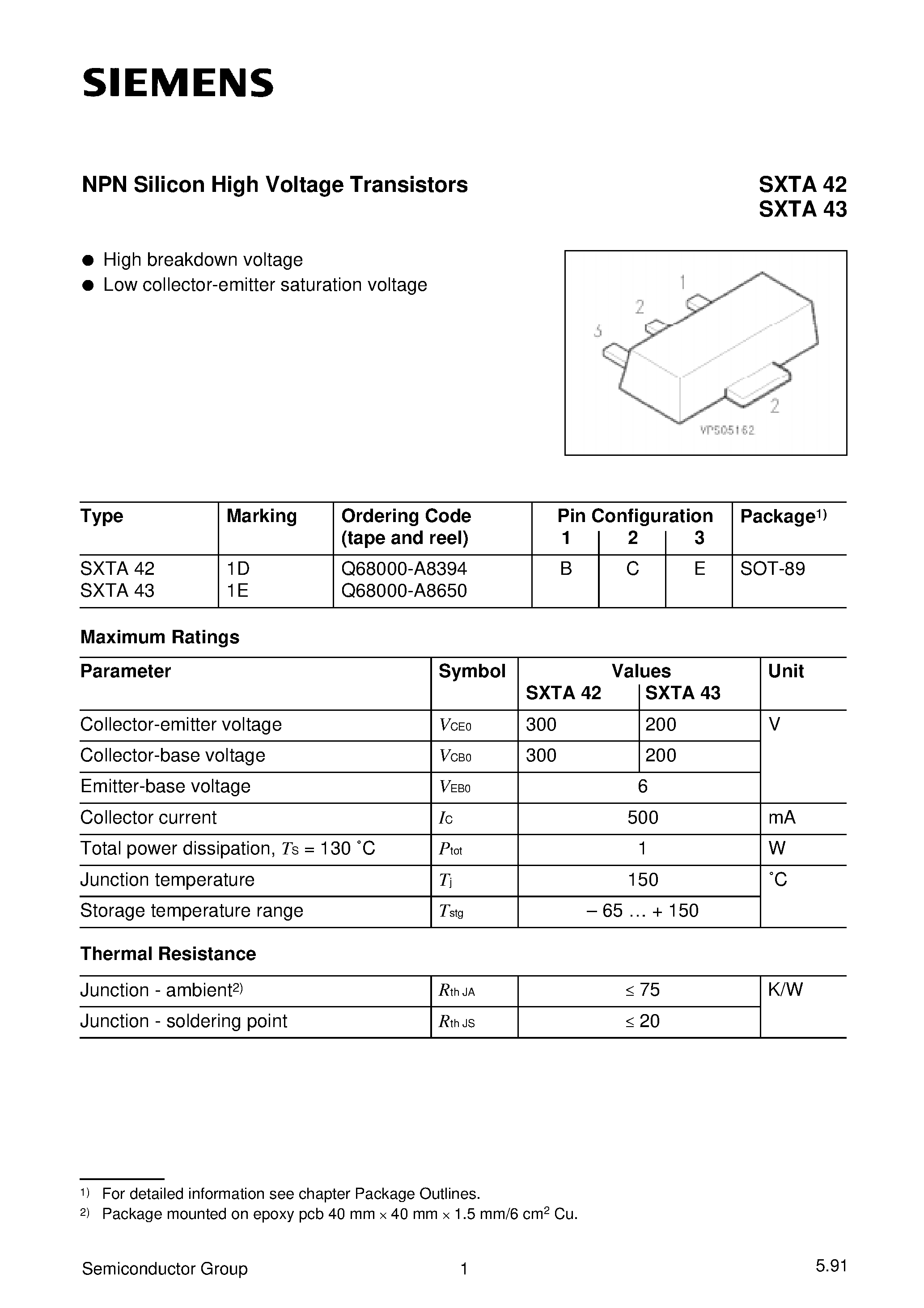 Datasheet SXTA42 page 1 Datasheet SXTA42 - (SXTA42 / SXTA43) NPN Silicon High Voltage Transistors page 1