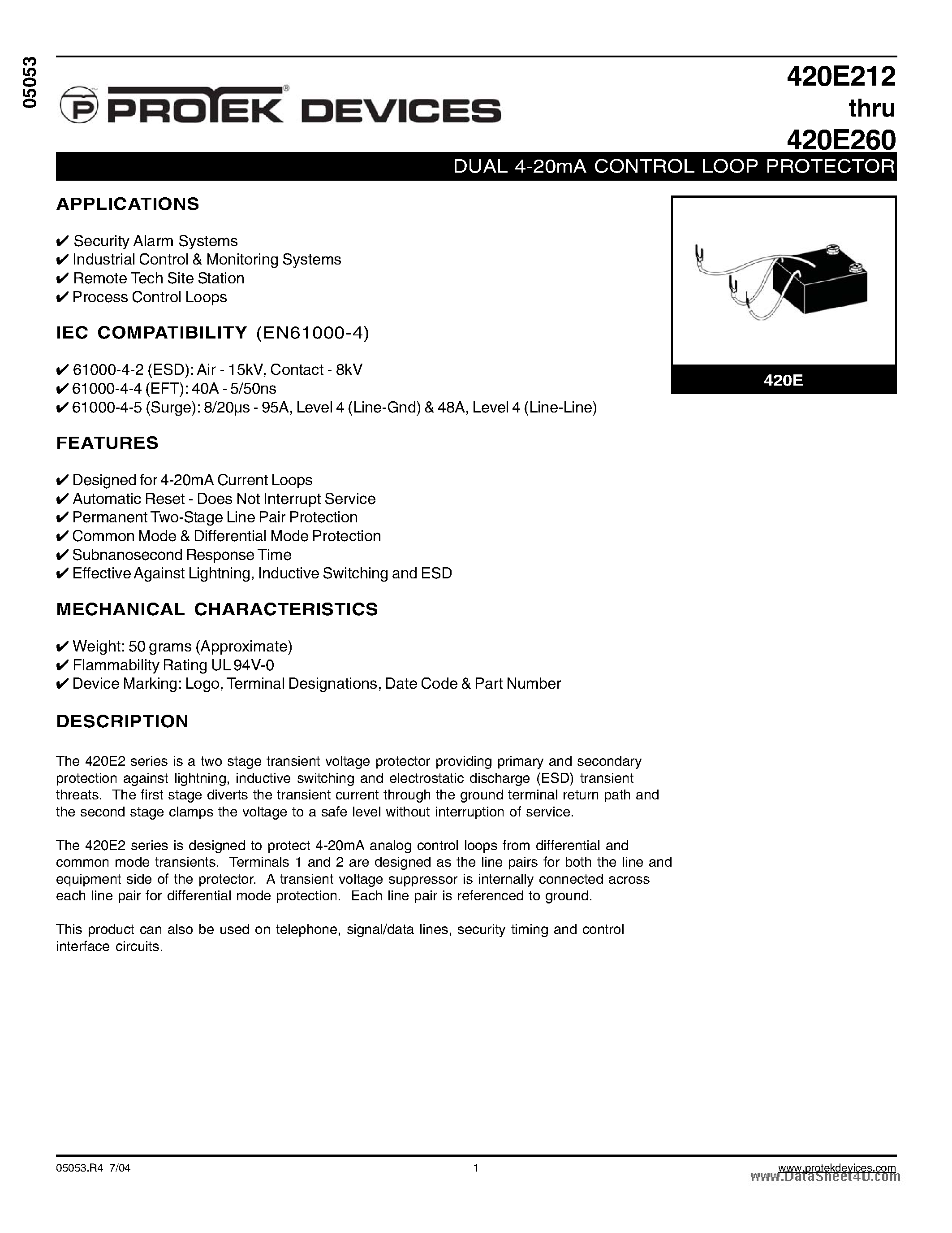 Datasheet 420E212 - (420E212 - 420E260) DUAL 4-20mA CONTROL LOOP PROTECTOR page 1