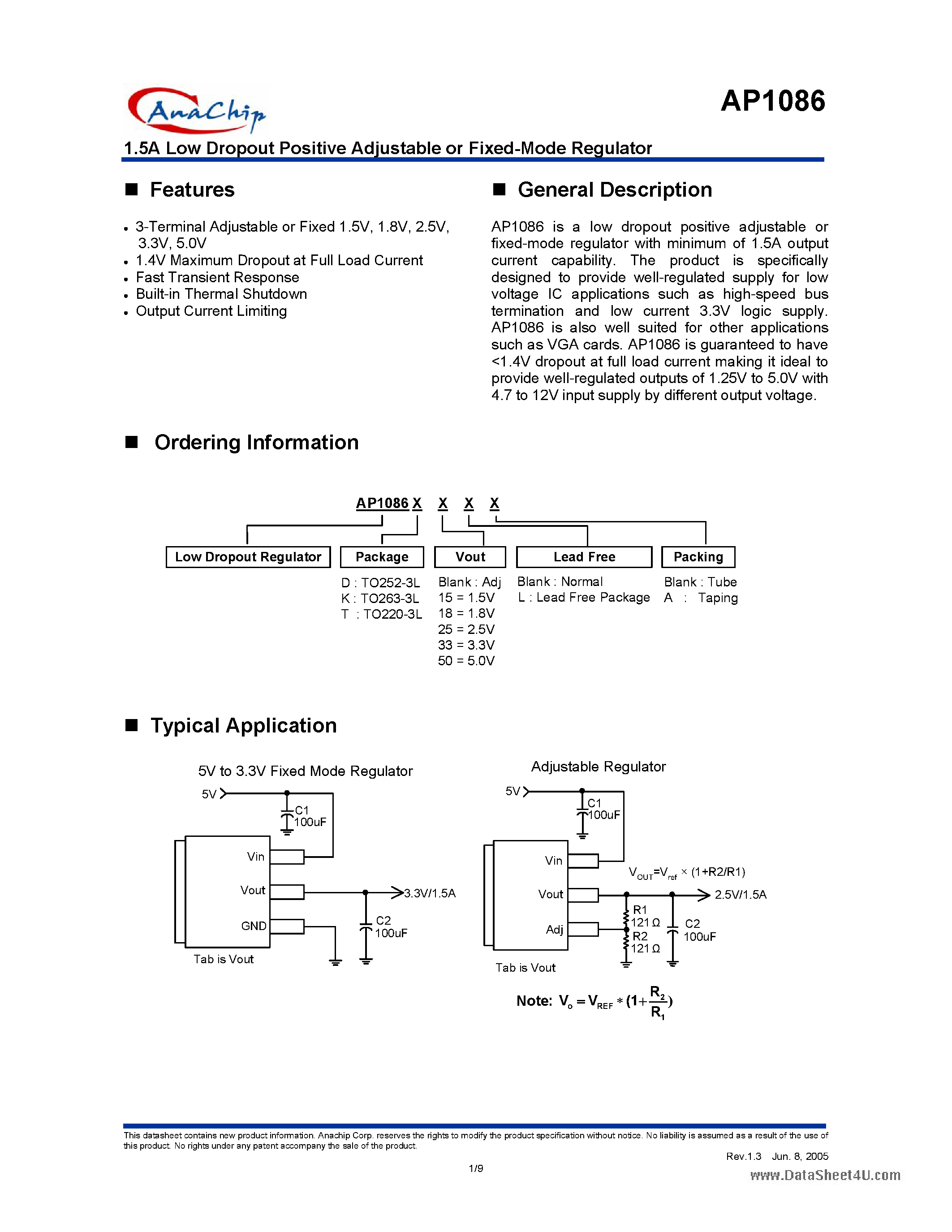 Datasheet AP1086 page 1 Datasheet AP1086 - 1.5A Low Dropout Positive Adjustable or Fixed-Mode Regulator page 1