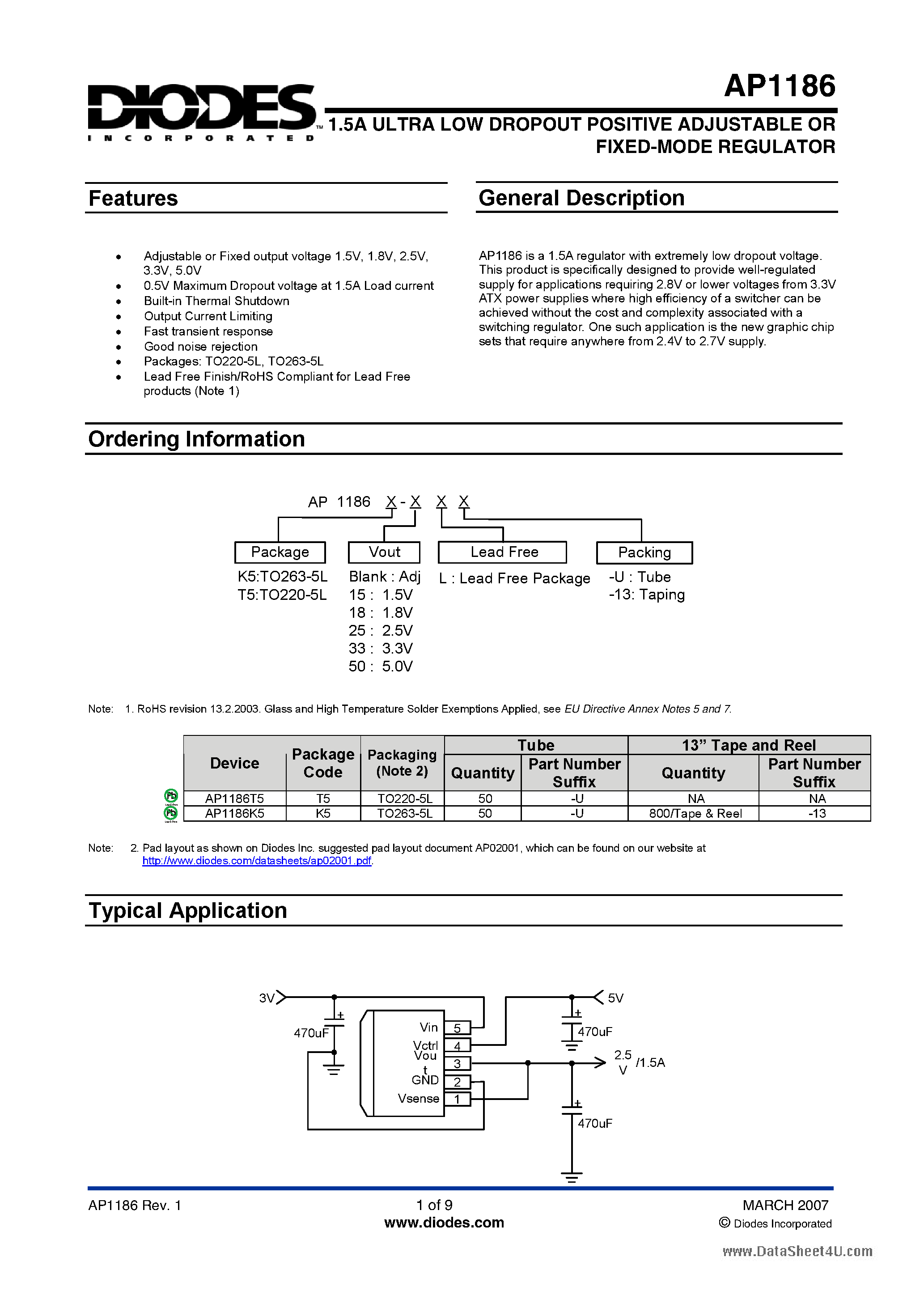 Datasheet AP1186 - 1.5A ULTRA LOW DROPOUT POSITIVE ADJUSTABLE OR FIXED-MODE REGULATOR page 1