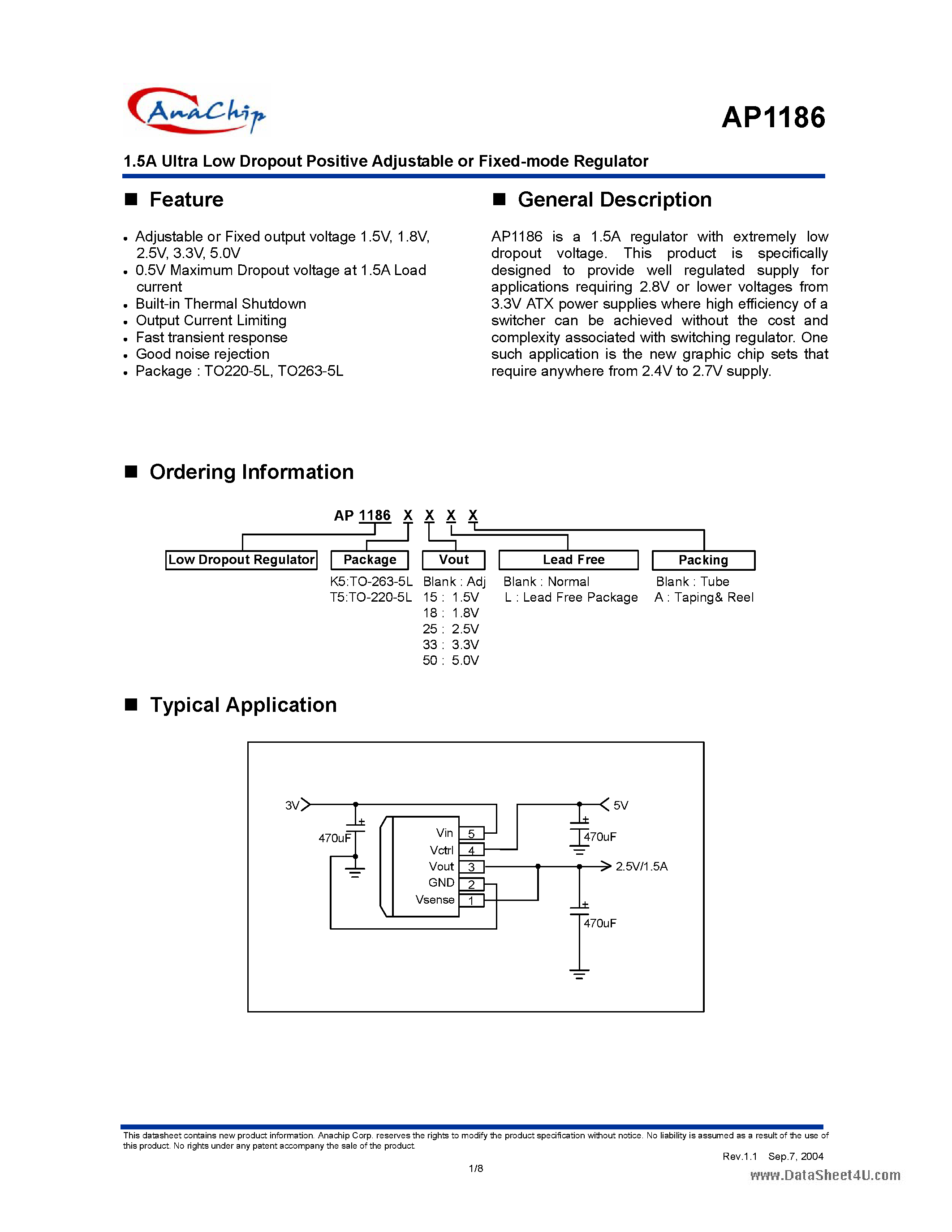 Datasheet AP1186 - 1.5A Ultra Low Dropout Positive Adjustable or Fixed-mode Regulator page 1