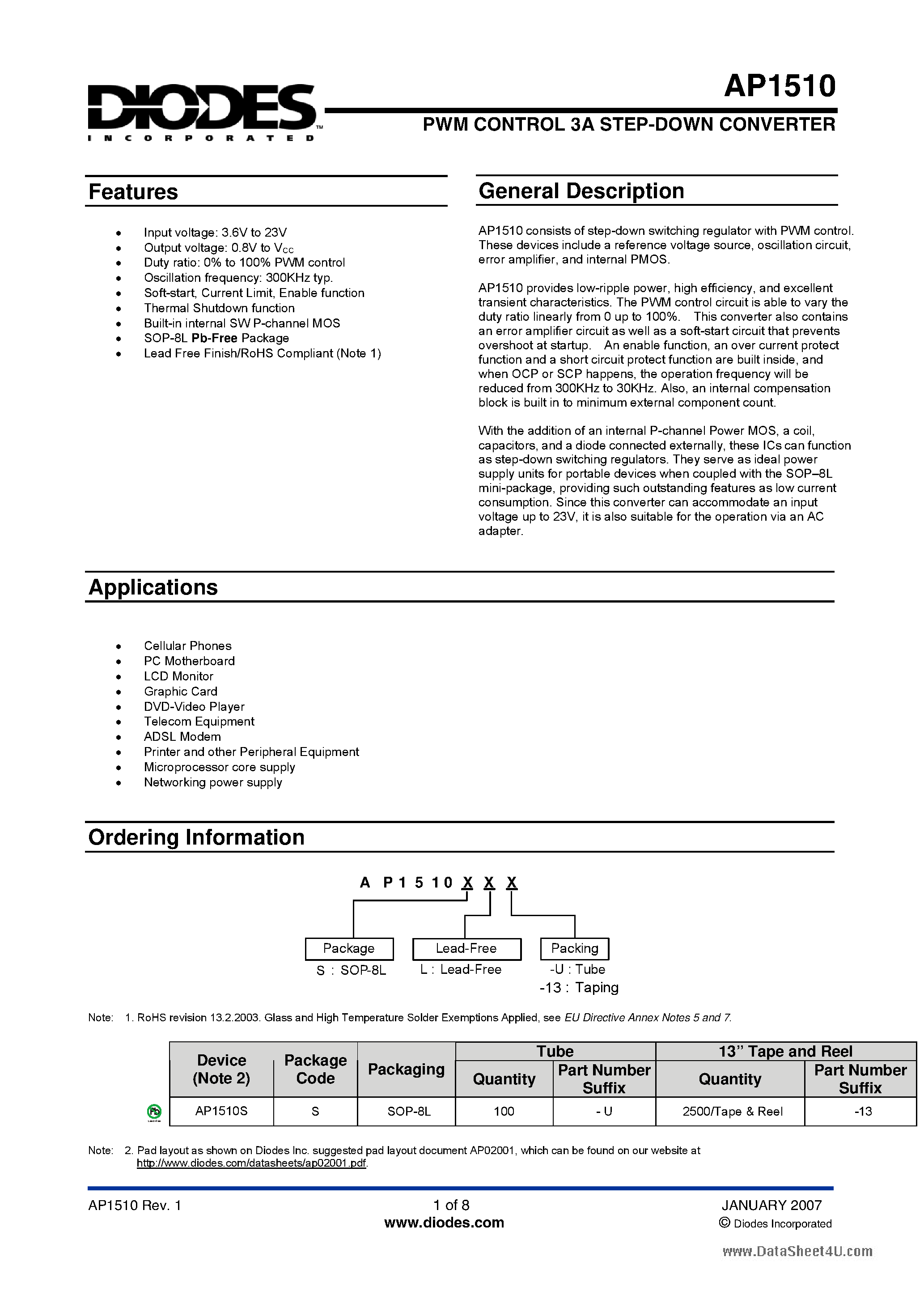 Даташит на микросхему AP1510 страница 1 Даташит AP1510 - PWM CONTROL 3A STEP-DOWN CONVERTER страница 1