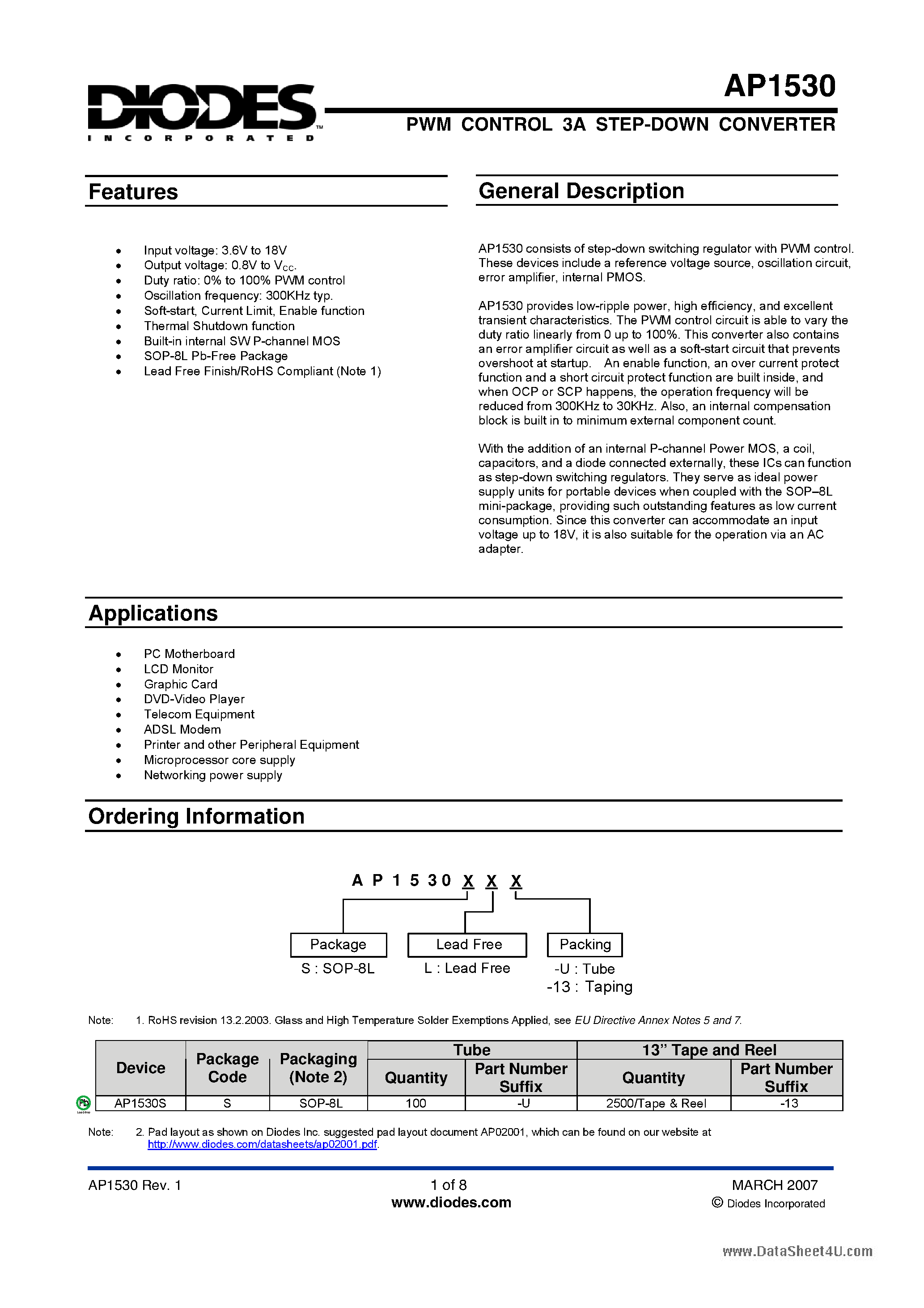 Даташит AP1530 - PWM CONTROL 3A STEP-DOWN CONVERTER страница 1