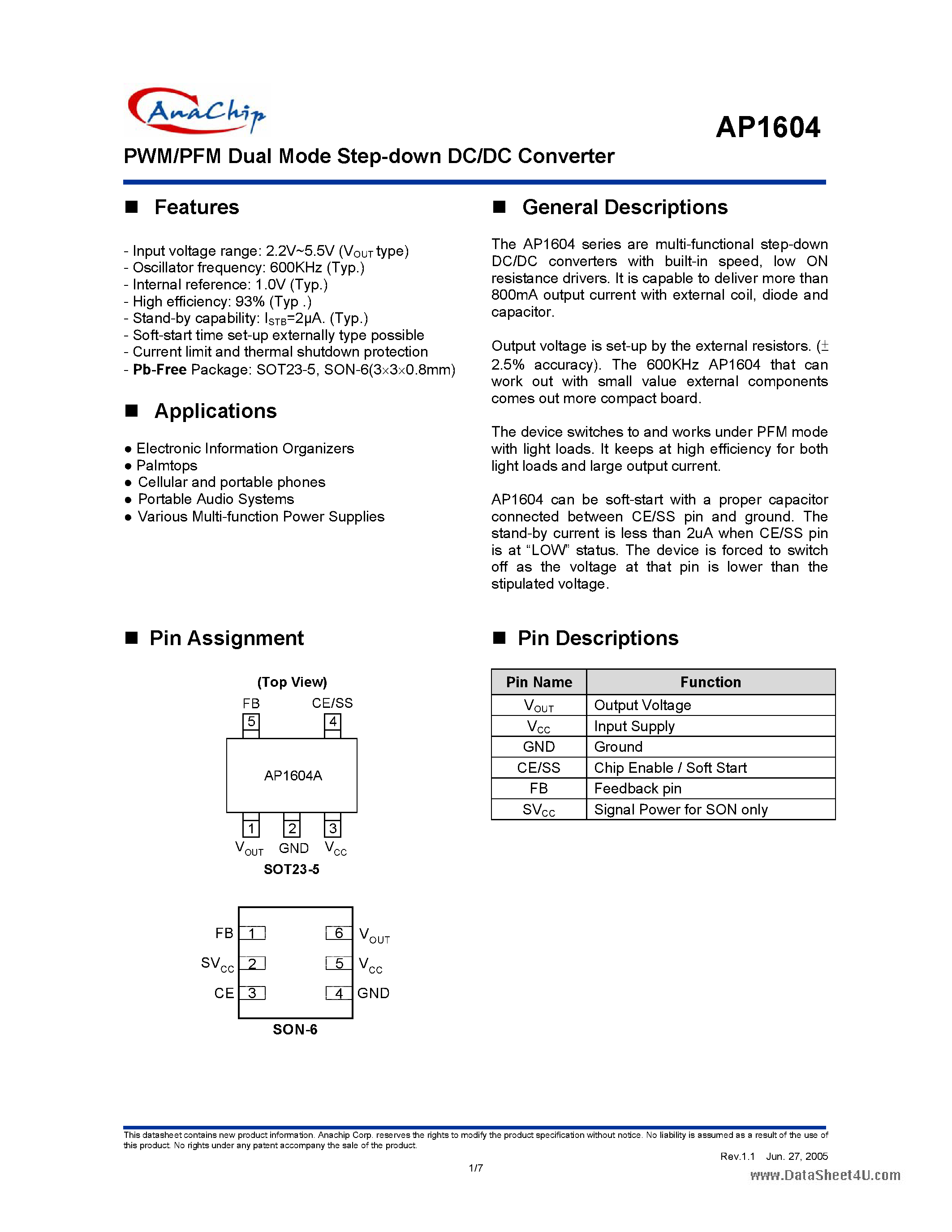 Даташит на микросхему AP1604 страница 1 Даташит AP1604 - PWM/PFM Dual Mode Step-down DC/DC Converter страница 1