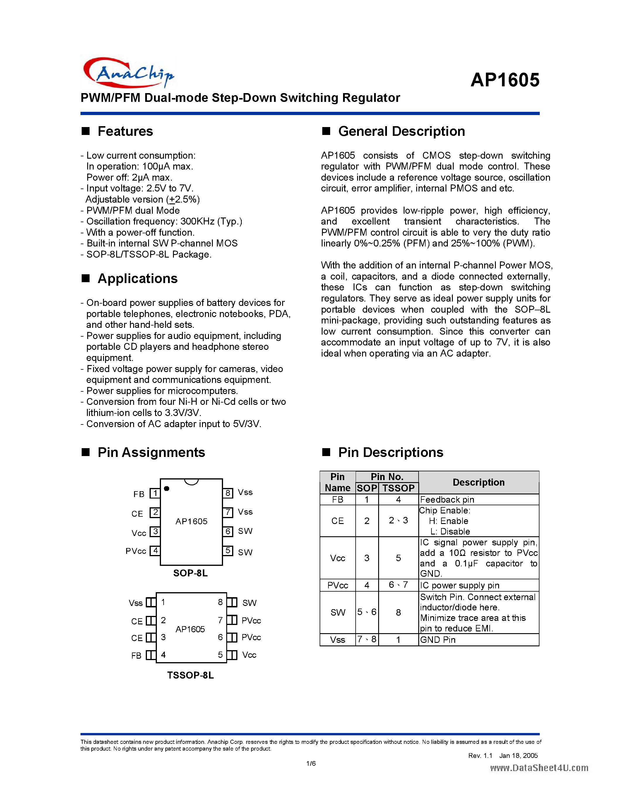 Даташит на микросхему AP1605 страница 1 Даташит AP1605 - PWM/PFM Dual-mode Step-Down Switching Regulator страница 1