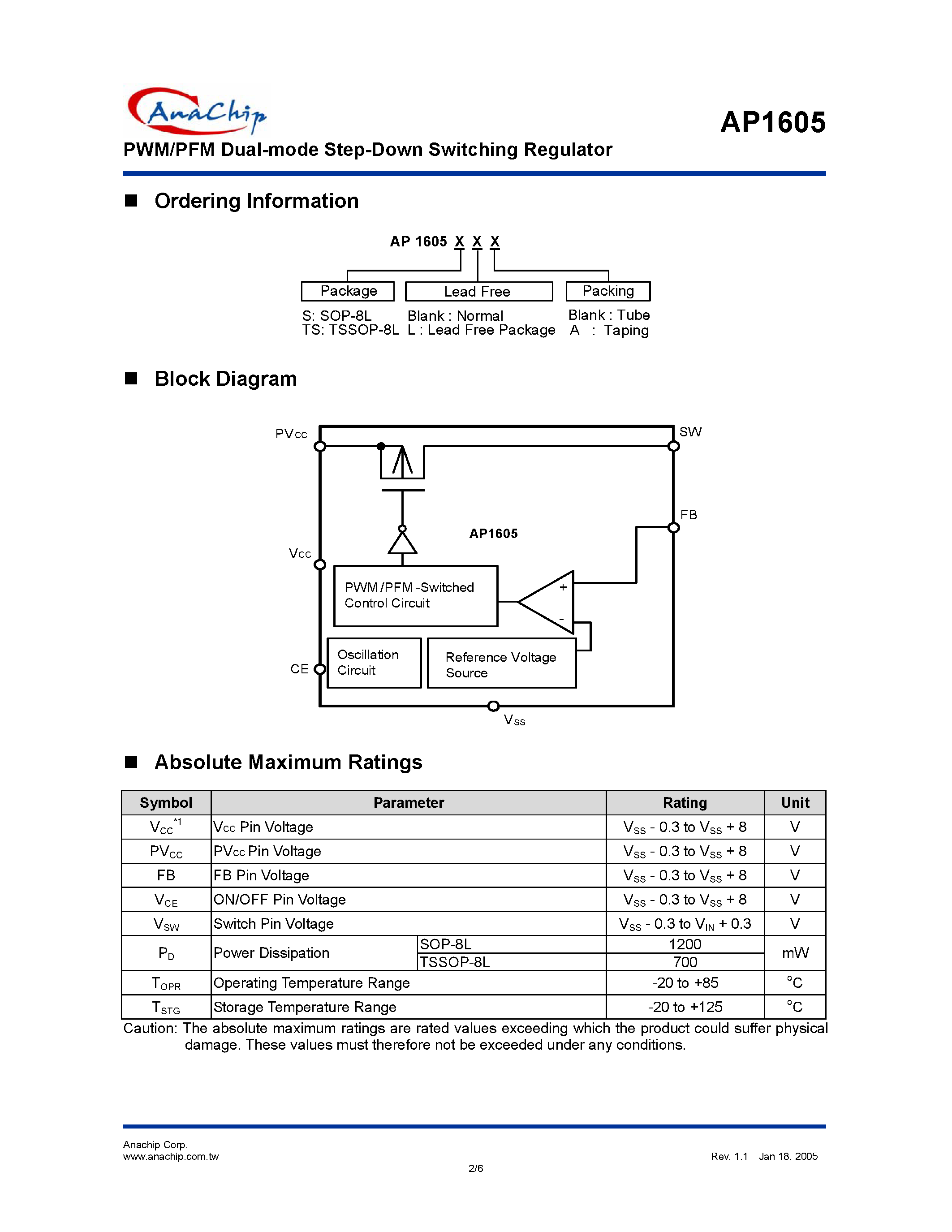 Даташит на микросхему AP1605 страница 2 Даташит AP1605 - PWM/PFM Dual-mode Step-Down Switching Regulator страница 2