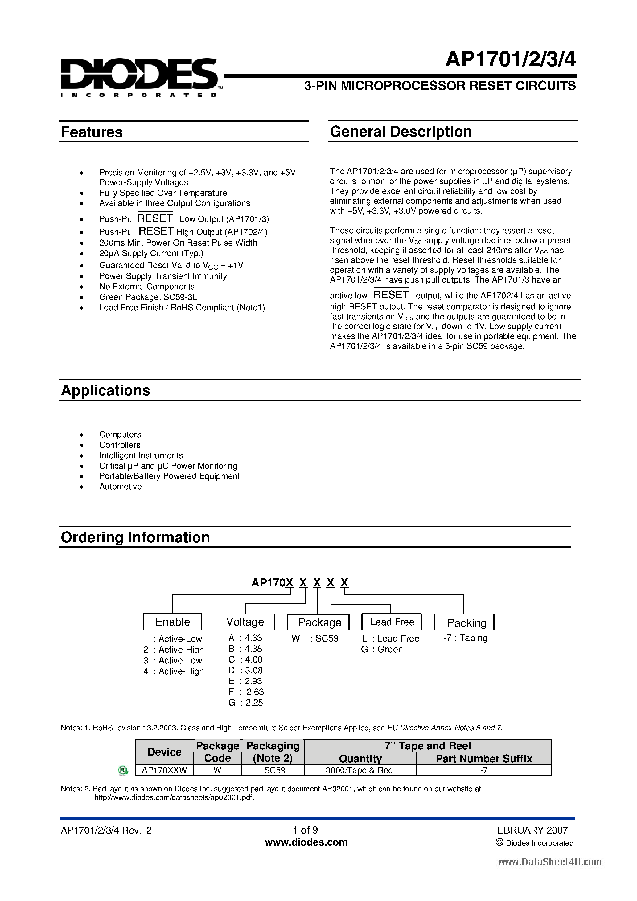 Datasheet AP1701 page 1 Datasheet AP1701 - (AP1701 - AP1704) 3-PIN MICROPROCESSOR RESET CIRCUITS page 1