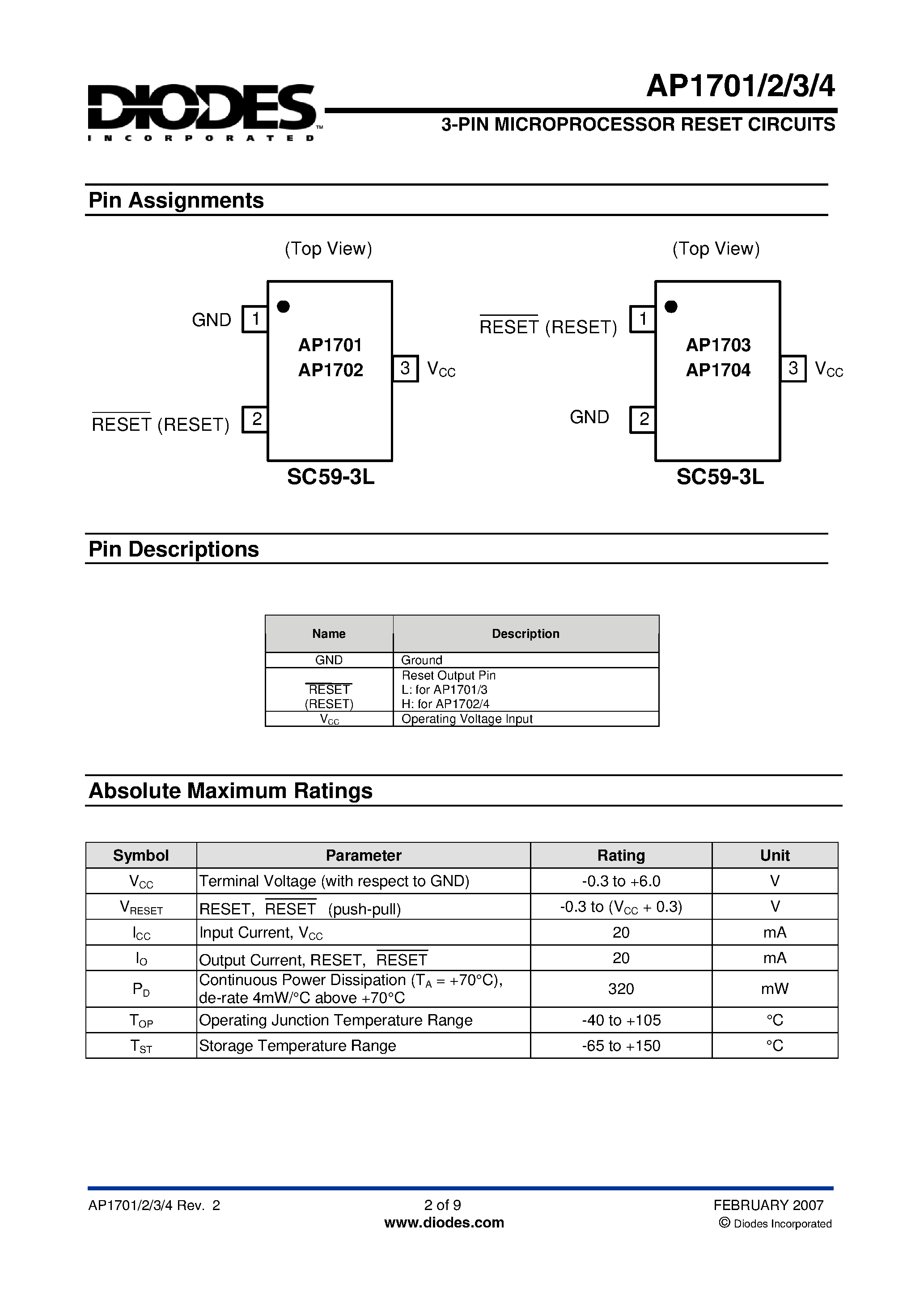 Datasheet AP1701 page 2 Datasheet AP1701 - (AP1701 - AP1704) 3-PIN MICROPROCESSOR RESET CIRCUITS page 2