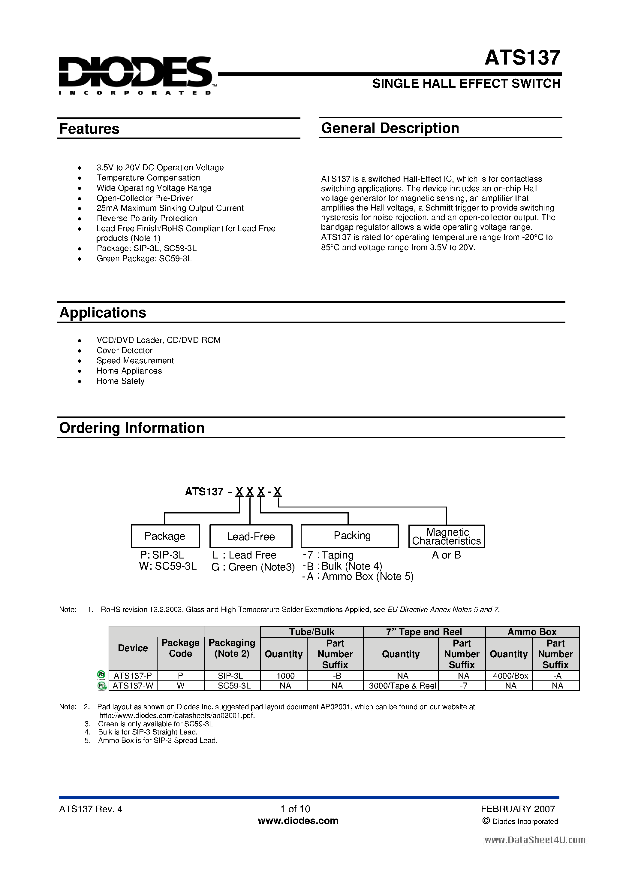 Даташит на микросхему ATS137 страница 1 Даташит ATS137 - SINGLE HALL EFFECT SWITCH страница 1