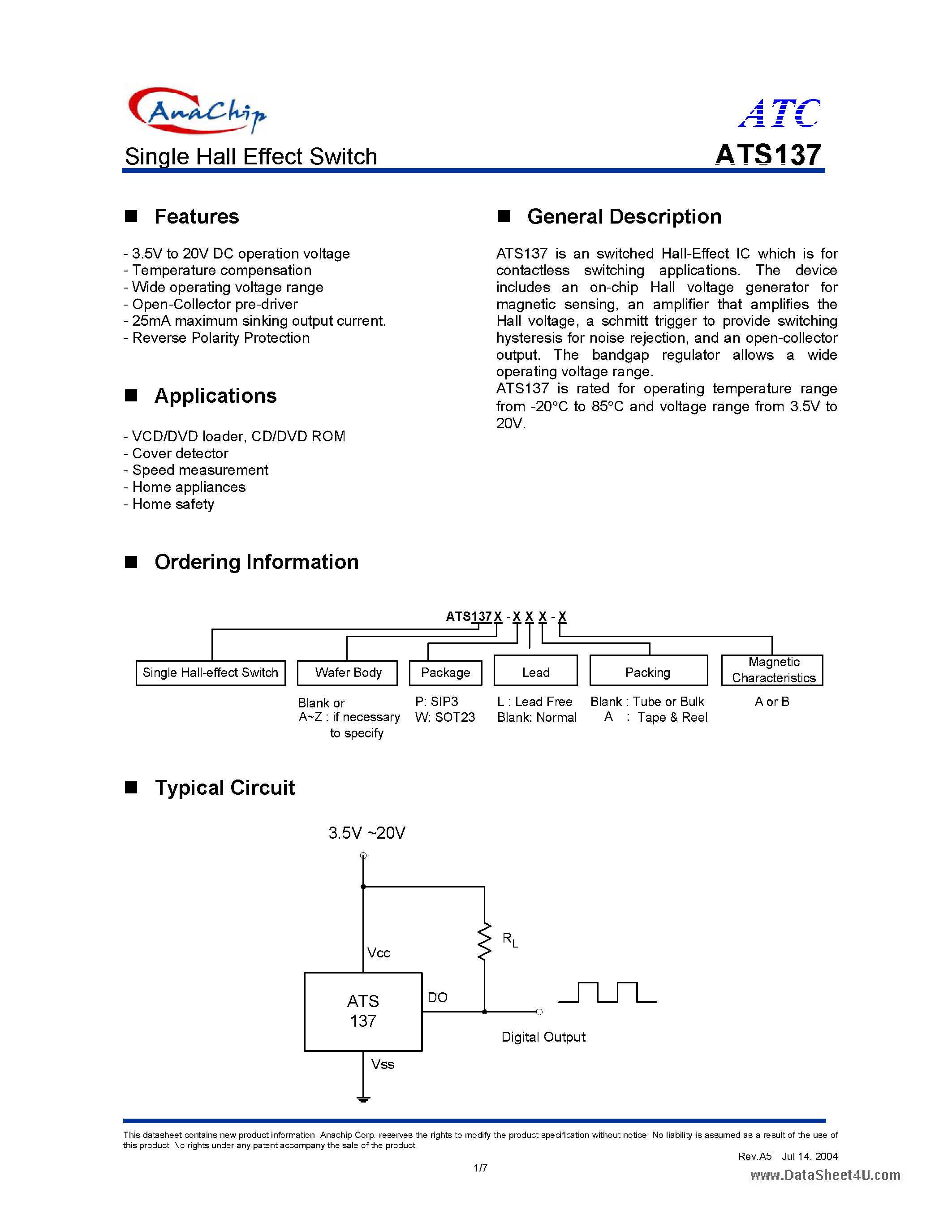 Даташит на микросхему ATS137 страница 1 Даташит ATS137 - Single Hall Effect Switch страница 1