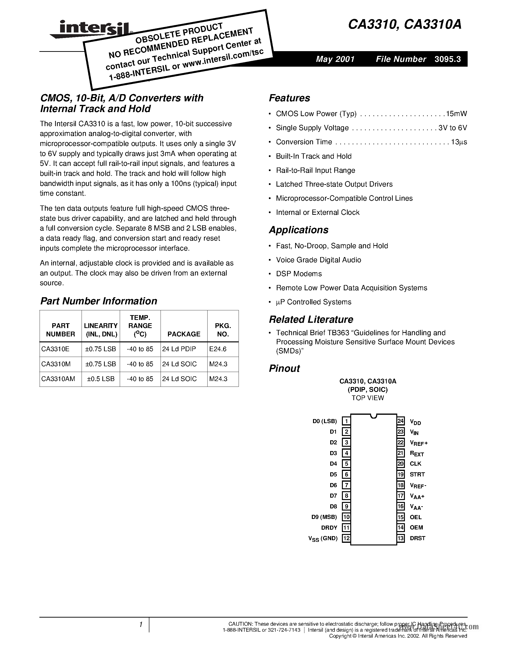 Даташит CA3310 - A/D Converters страница 1