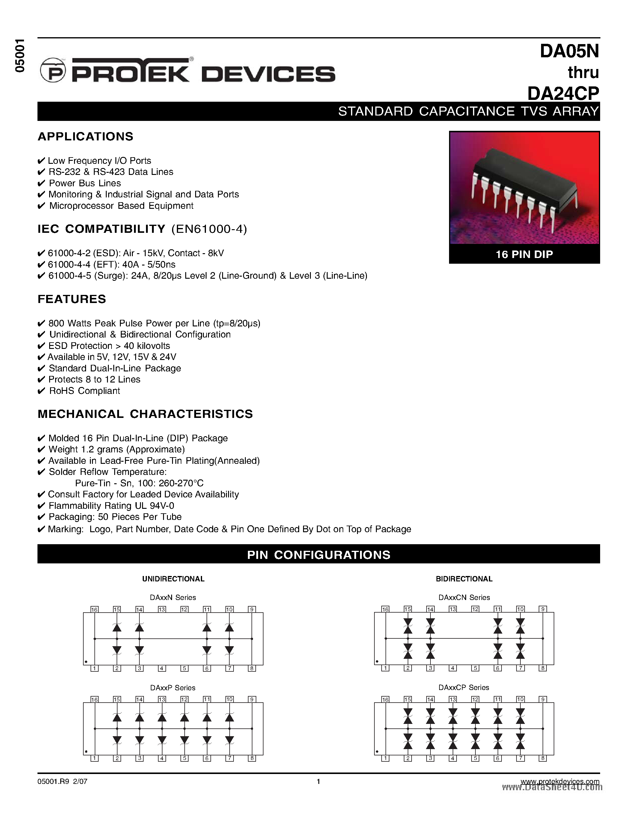 Даташит на микросхему DA12N страница 1 Даташит DA12N - STANDARD CAPACITANCE TVS ARRAY страница 1