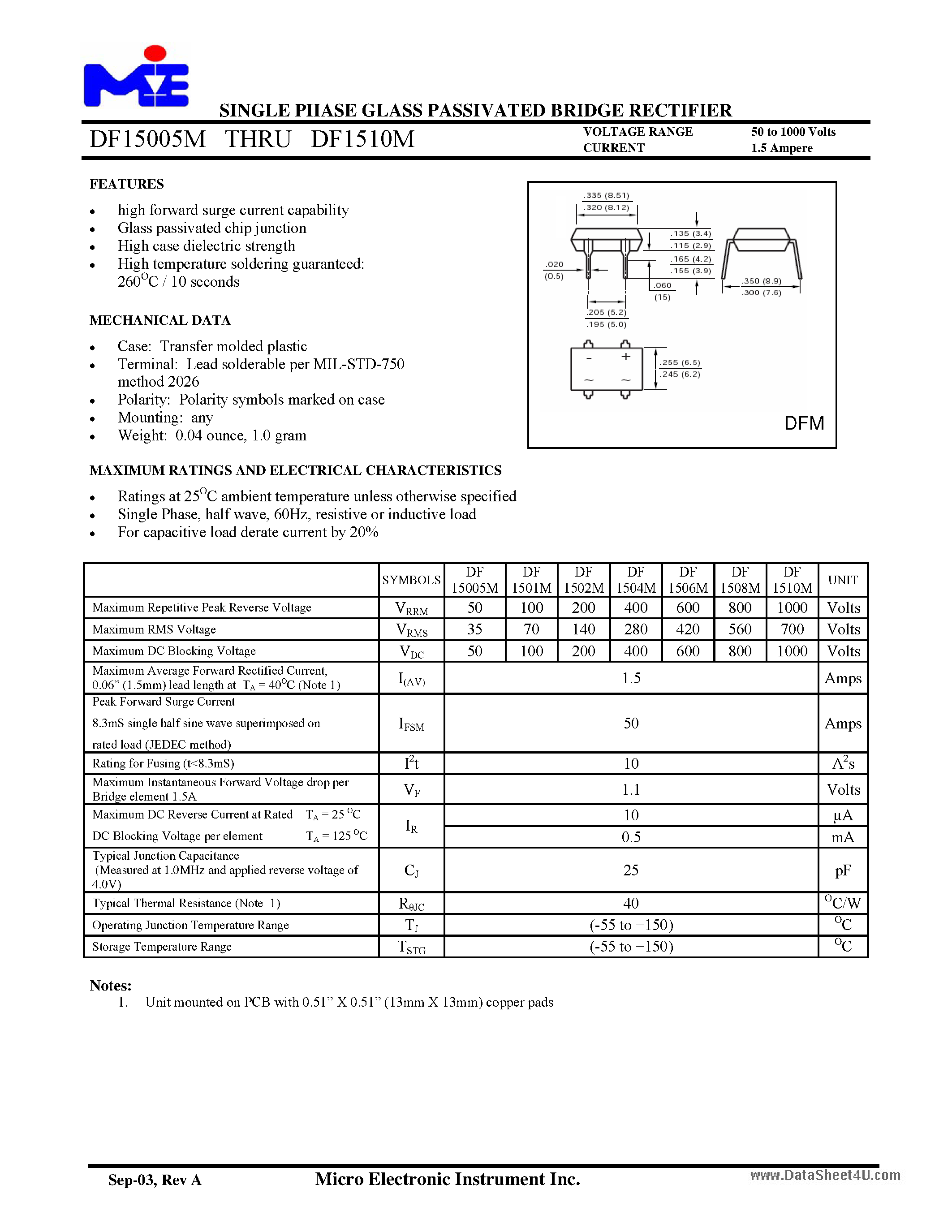 Datasheet DF1501M page 1 Datasheet DF1501M - (DF15005M - DF1510M) SINGLE PHASE GLASS PASSIVATED BRIDGE RECTIFIER page 1