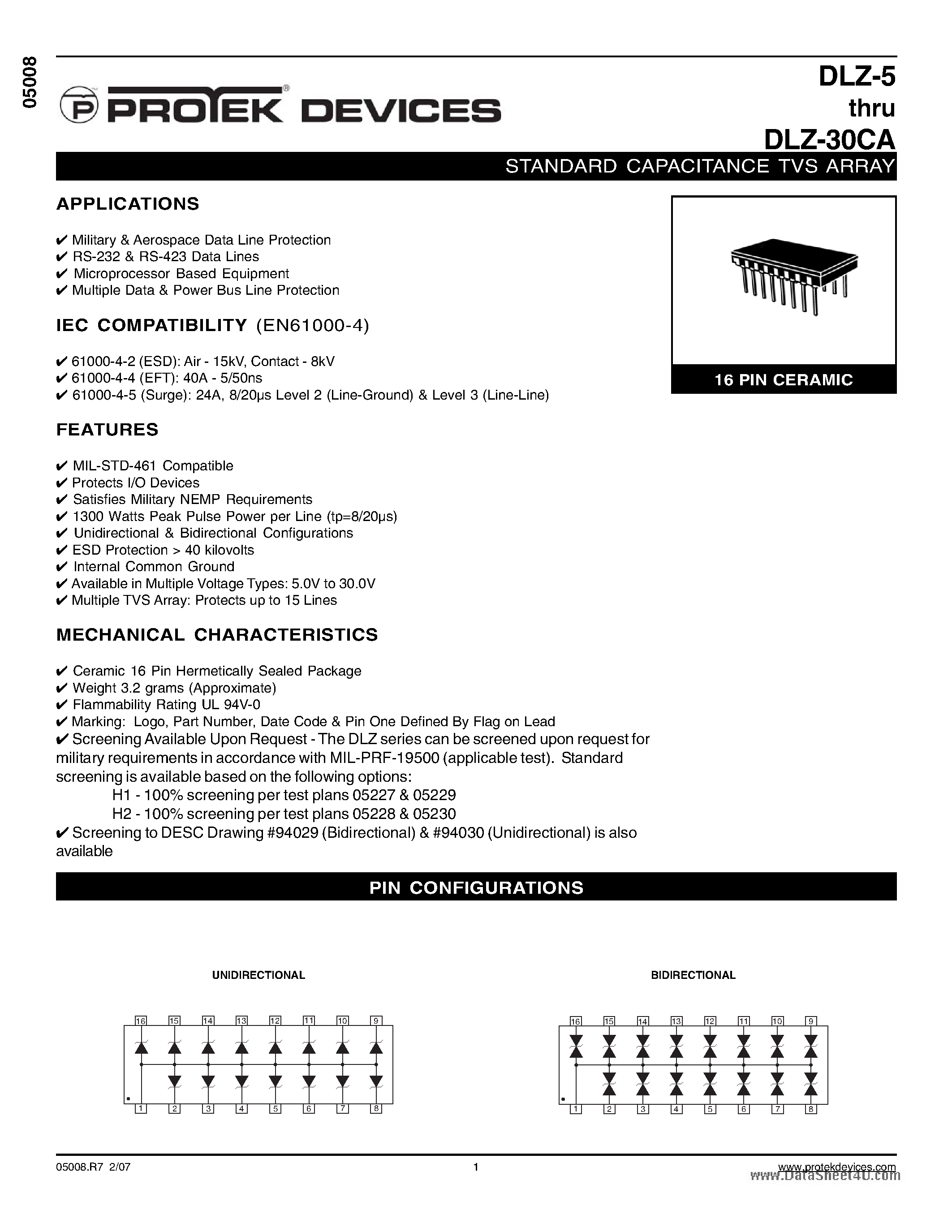 Даташит на микросхему DLZ-xx страница 1 Даташит DLZ-xx - STANDARD CAPACITANCE TVS ARRAY страница 1