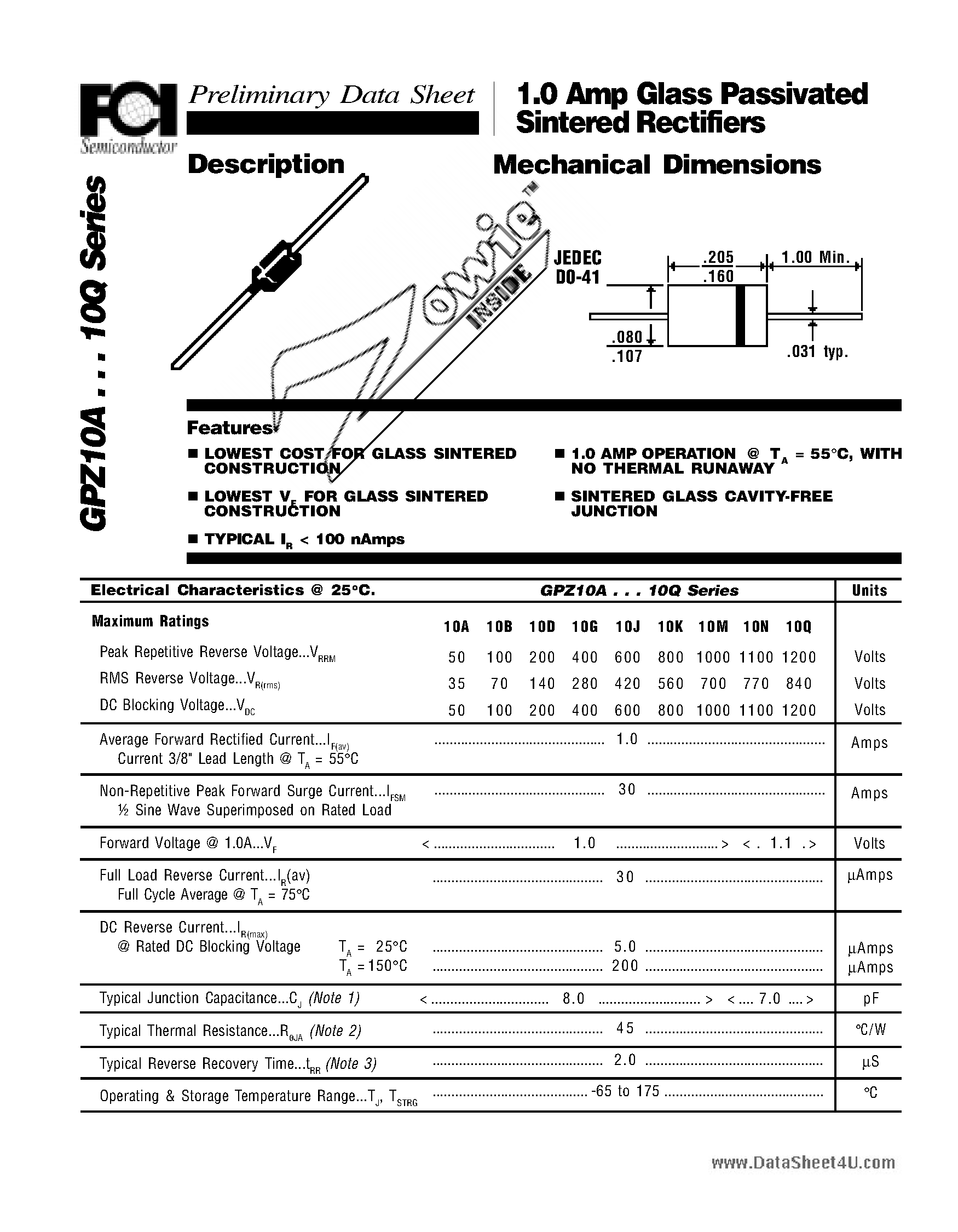 Datasheet GPZ10 page 1 Datasheet GPZ10 - (GPZ10x) Glass Passivated Sintered Rectifiers Mechanical Dimensions page 1