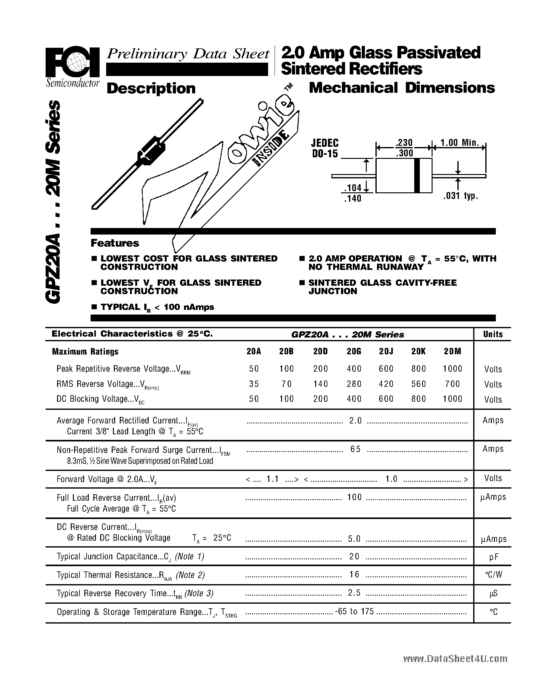 Datasheet GPZ20 - (GPZ20x) Glass Passivated Sintered Rectifiers Mechanical Dimensions page 1