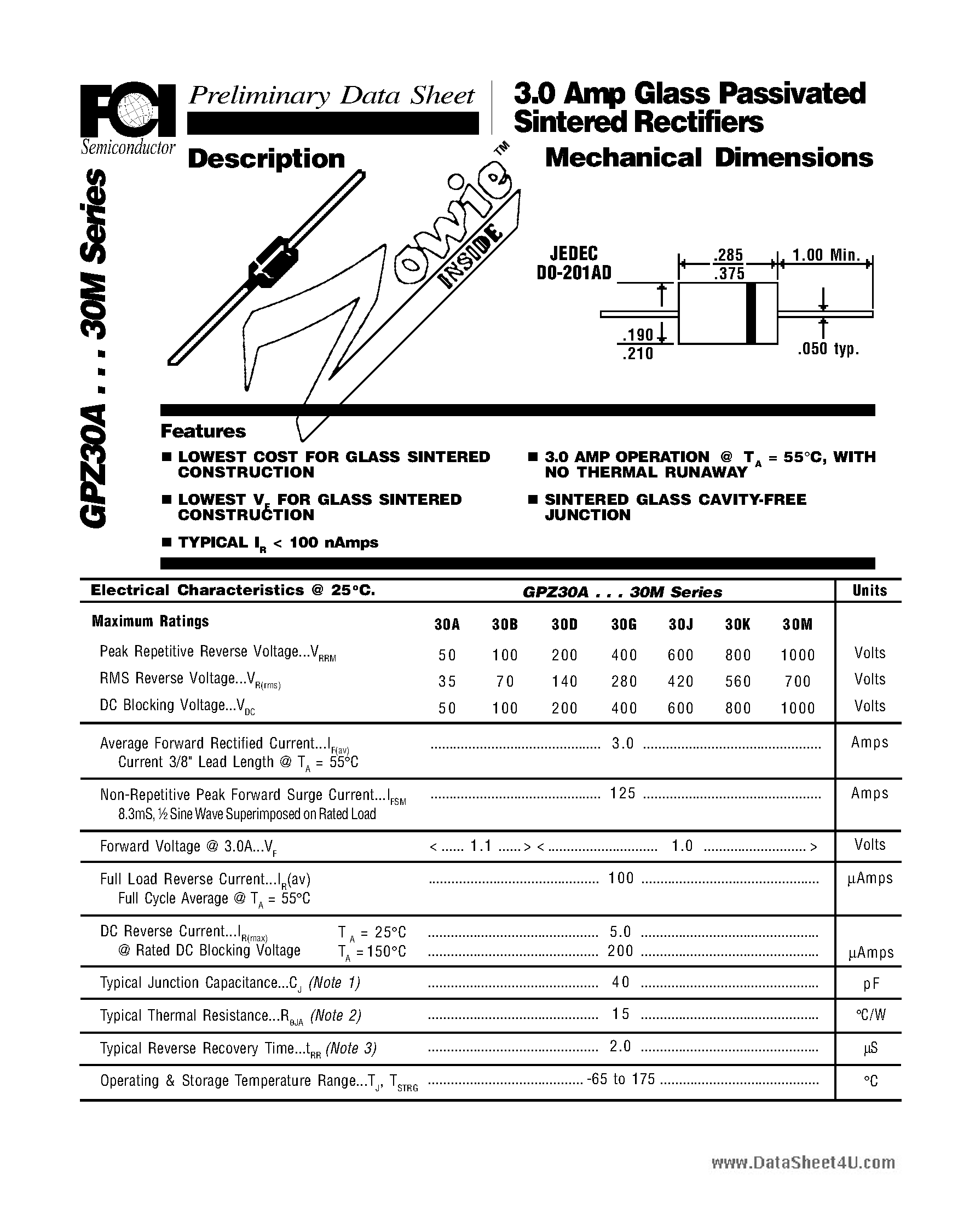 Datasheet GPZ30 page 1 Datasheet GPZ30 - (GPZ30x) Glass Passivated Sintered Rectifiers Mechanical Dimensions page 1