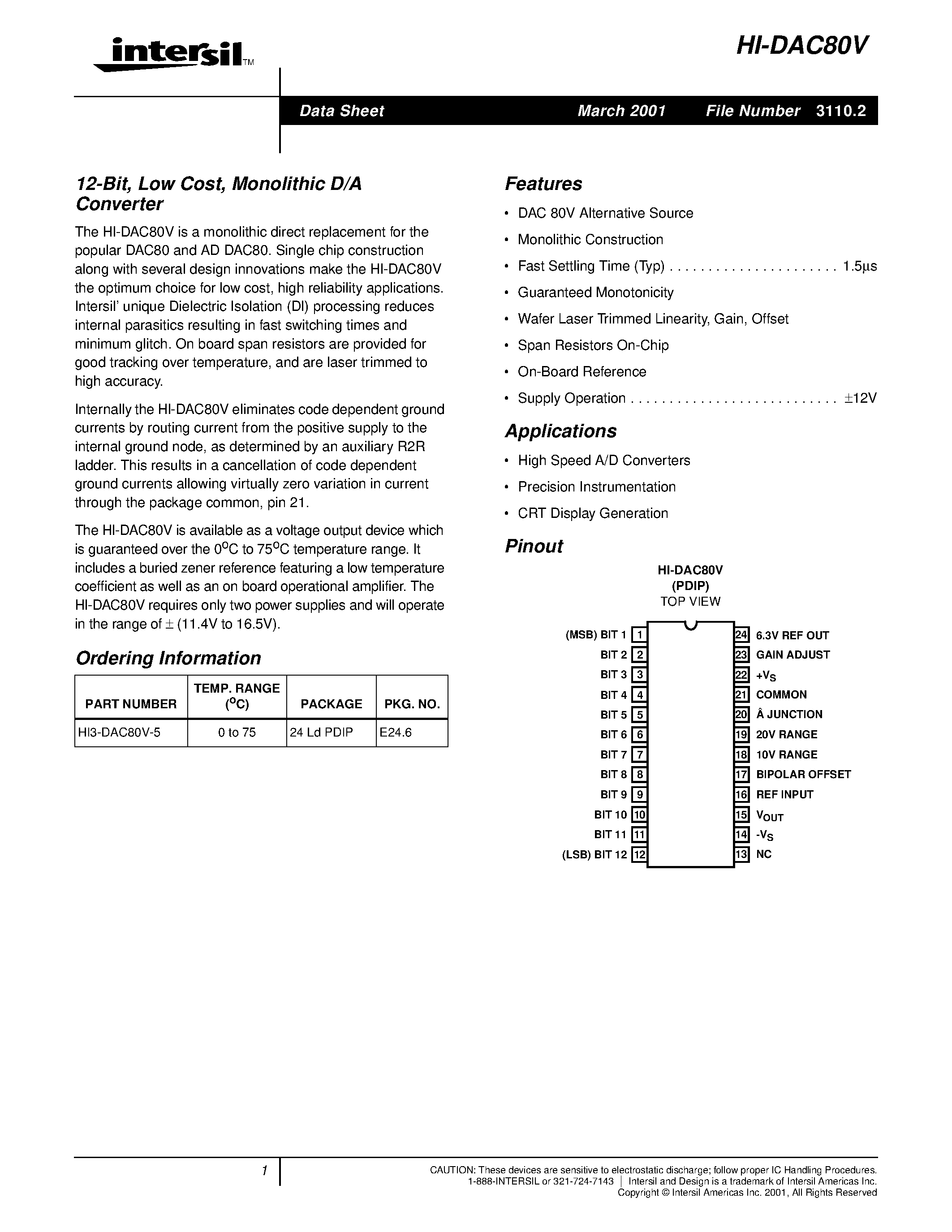 Даташит HI-DAC80V - Monolithic D/A Converter страница 1
