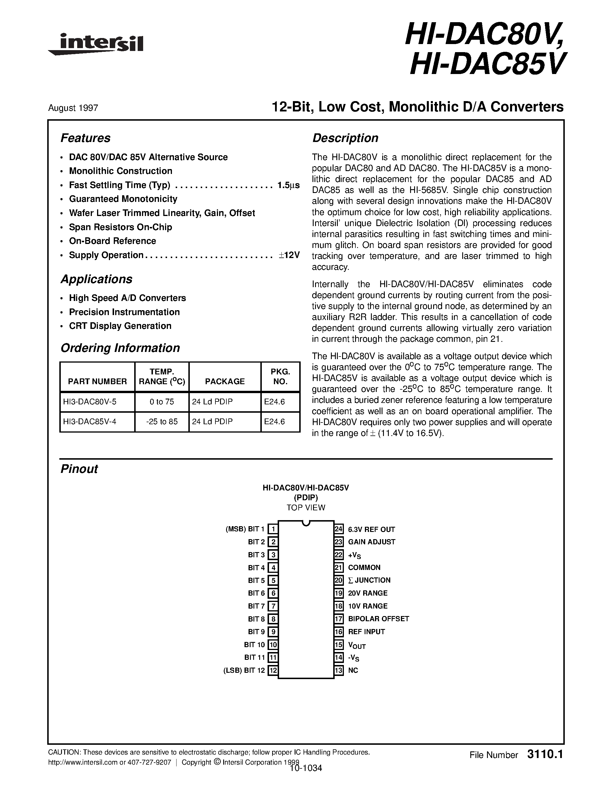 Даташит HI-DAC85V - Monolithic D/A Converter страница 1