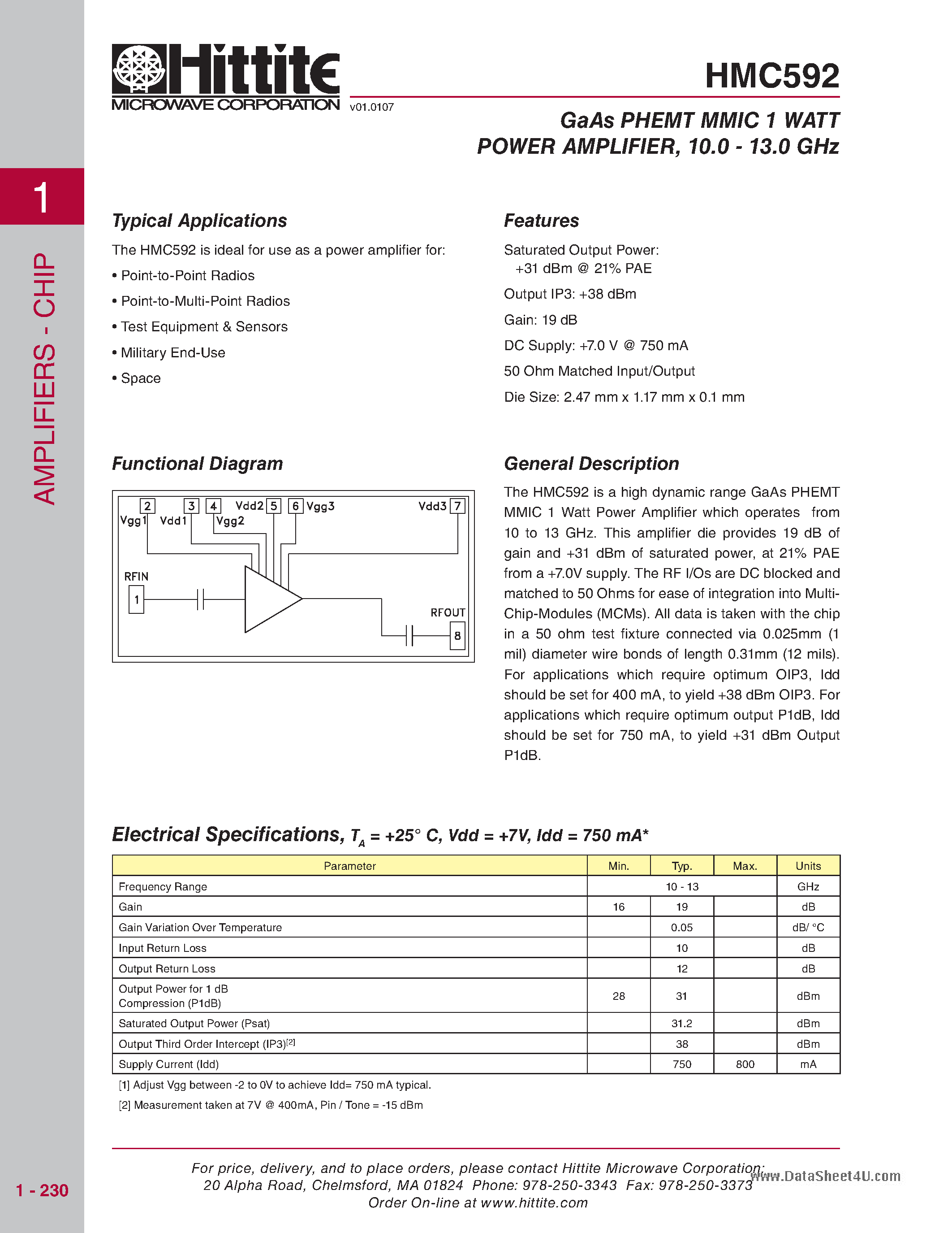 Даташит HMC592 - high dynamic range GaAs PHEMT MMIC 2 Watt Power Amplifi страница 1