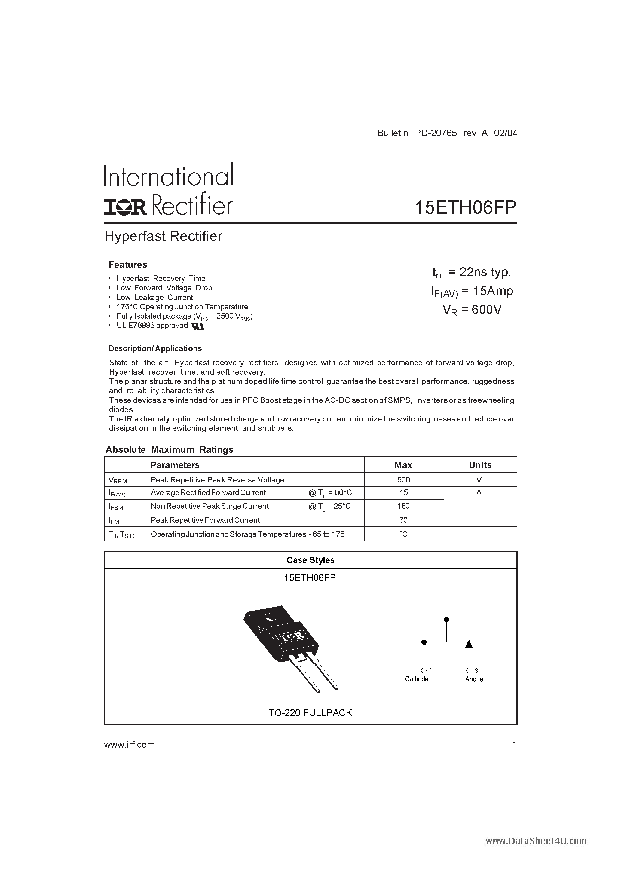 Datasheet 15ETH06FP page 1 Datasheet 15ETH06FP - Hyperfast Rectifier page 1