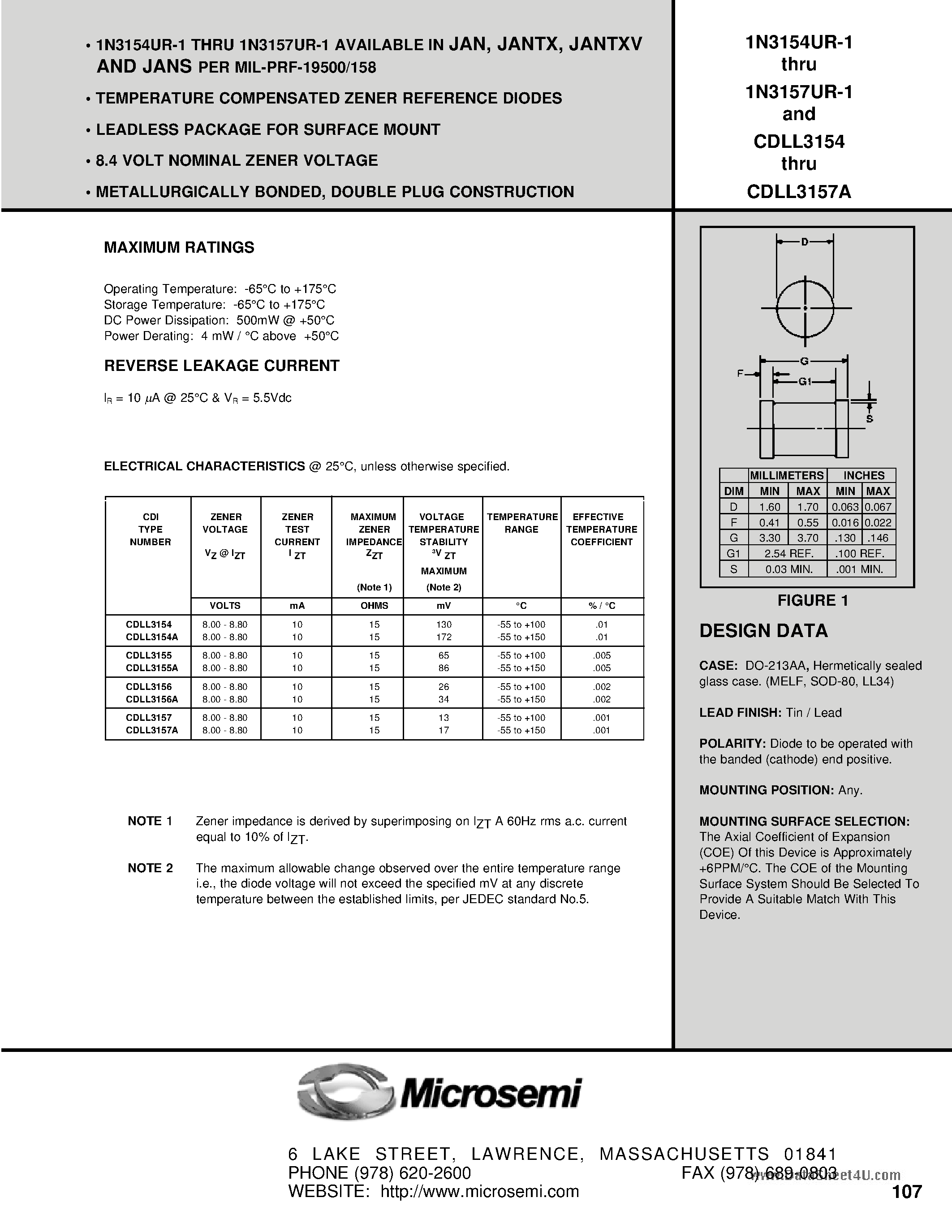 Datasheet 1N3154UR-1 page 1 Datasheet 1N3154UR-1 - (1N3154UR-1 - 1N3157UR-1) TEMPERATURE COMPENSATED ZENER REFERENCE DIODES page 1