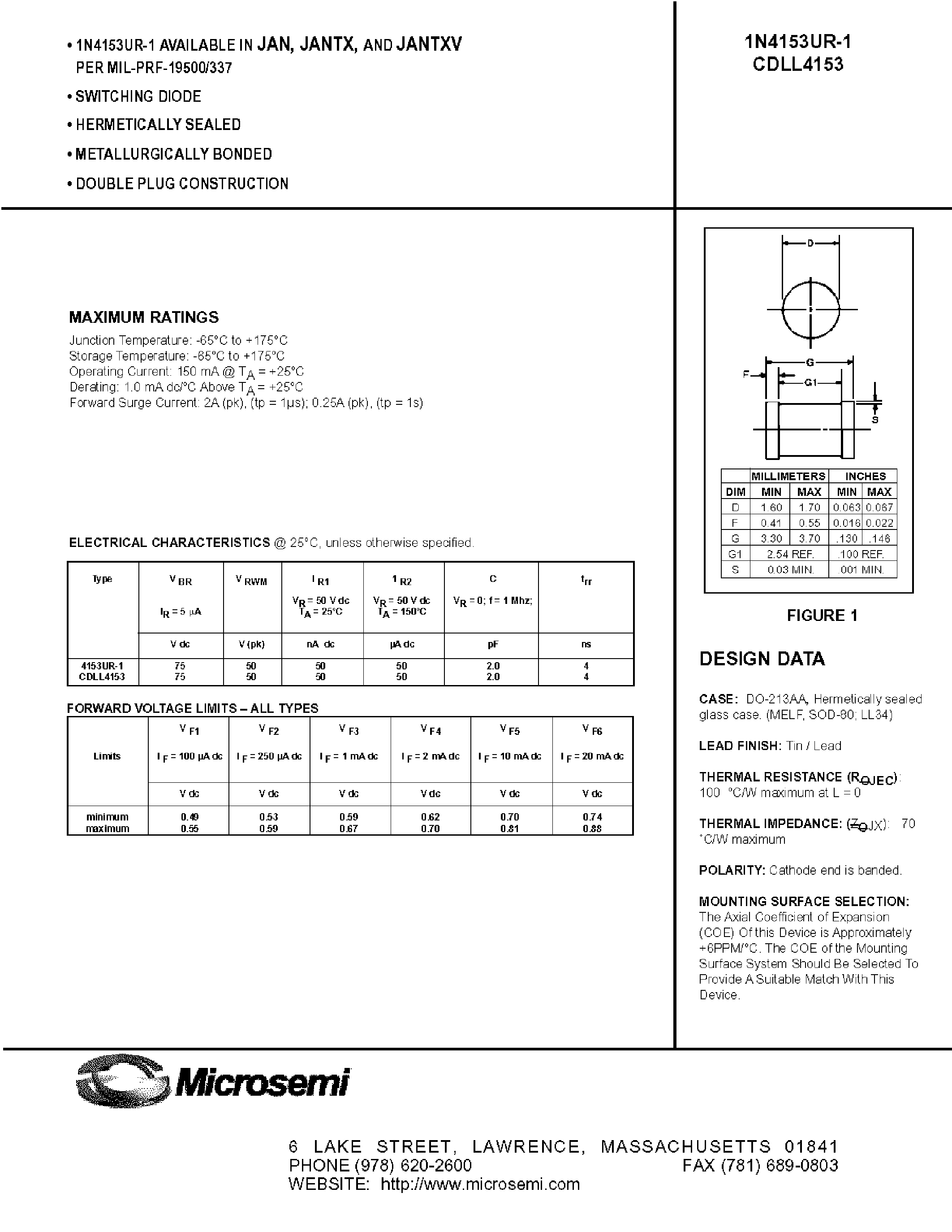 Datasheet 1N4153UR-1 - SWITCHING DIODES page 1