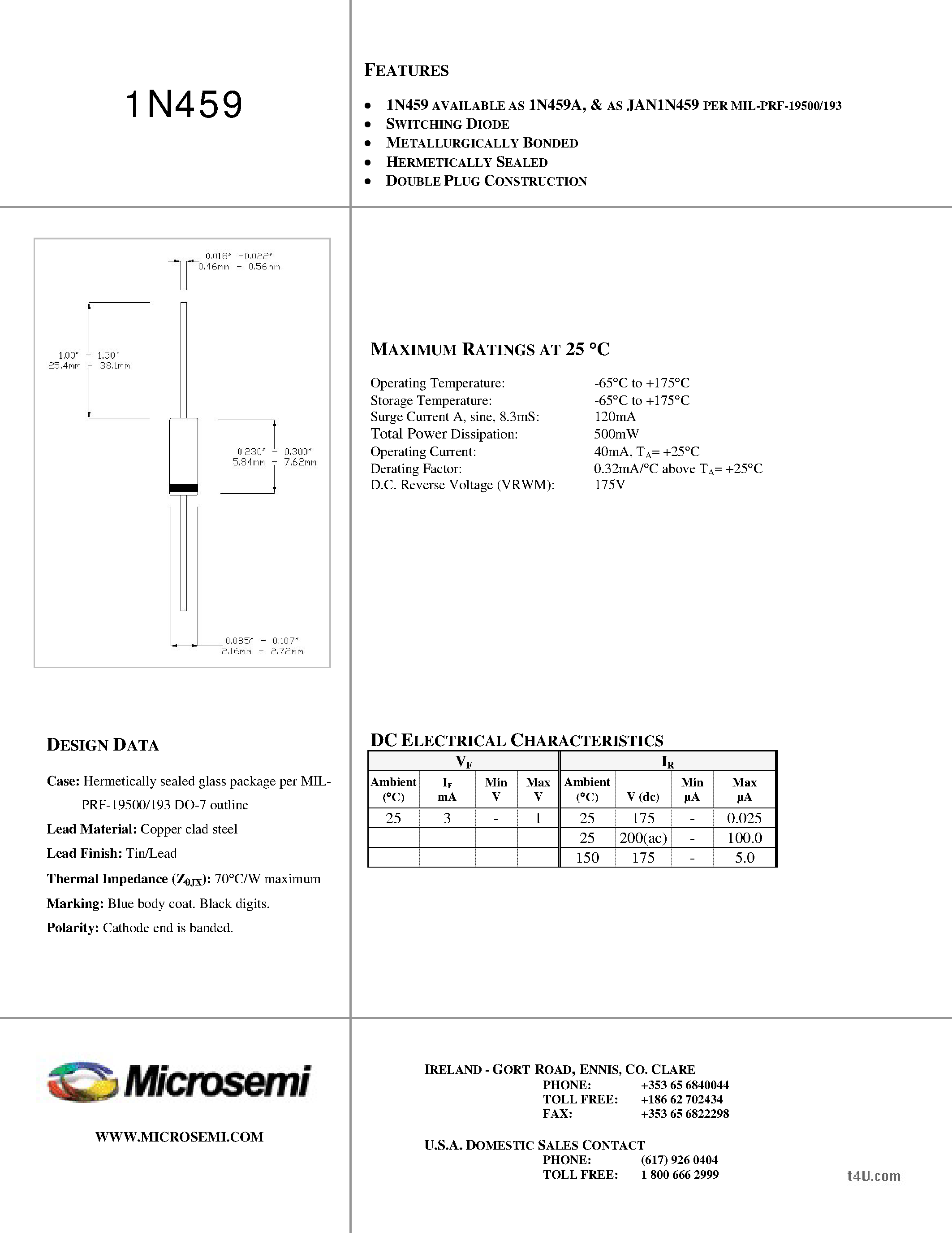 Datasheet 1N459 - SWITCHING DIODE page 1