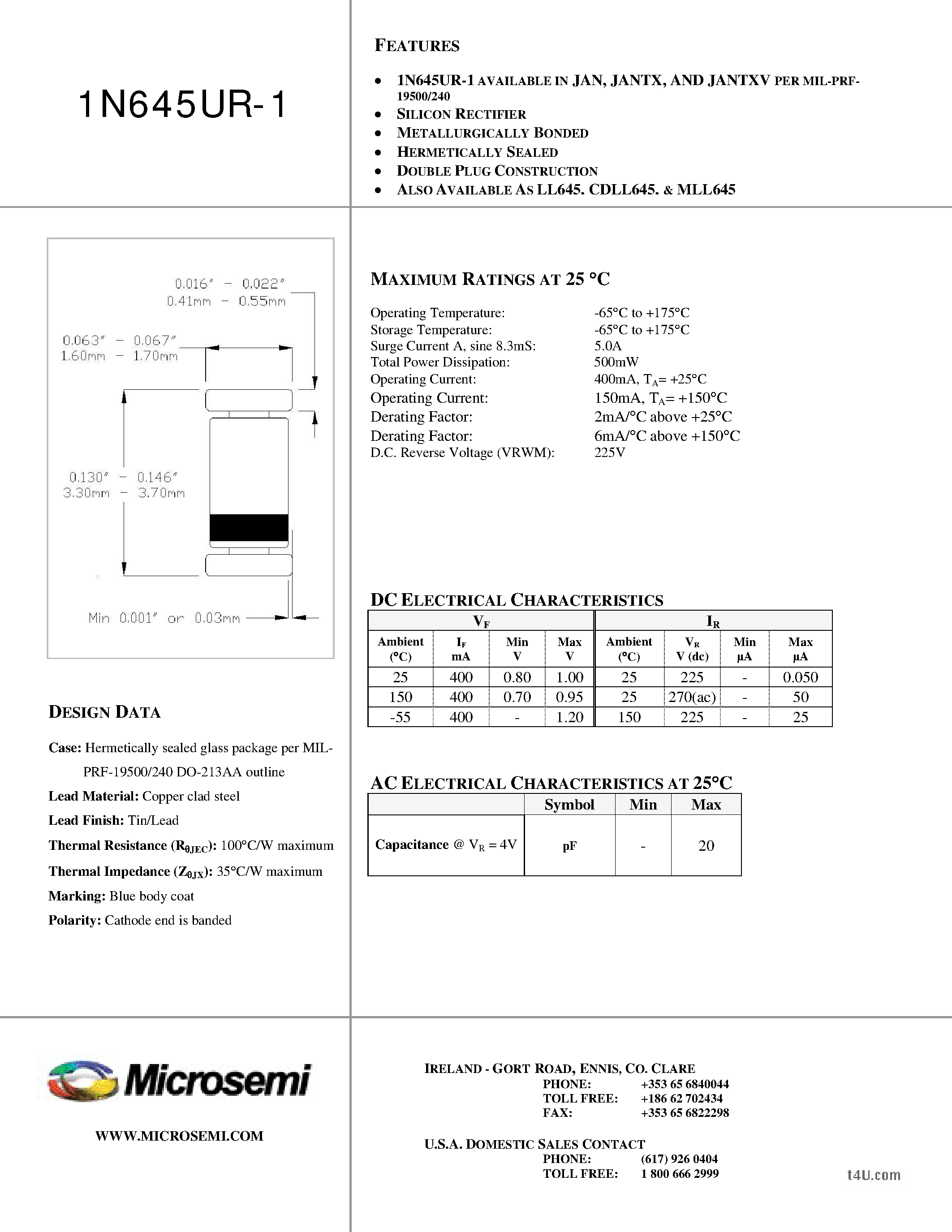 Datasheet 1N645UR-1 - SILICON RECTIFIER page 1