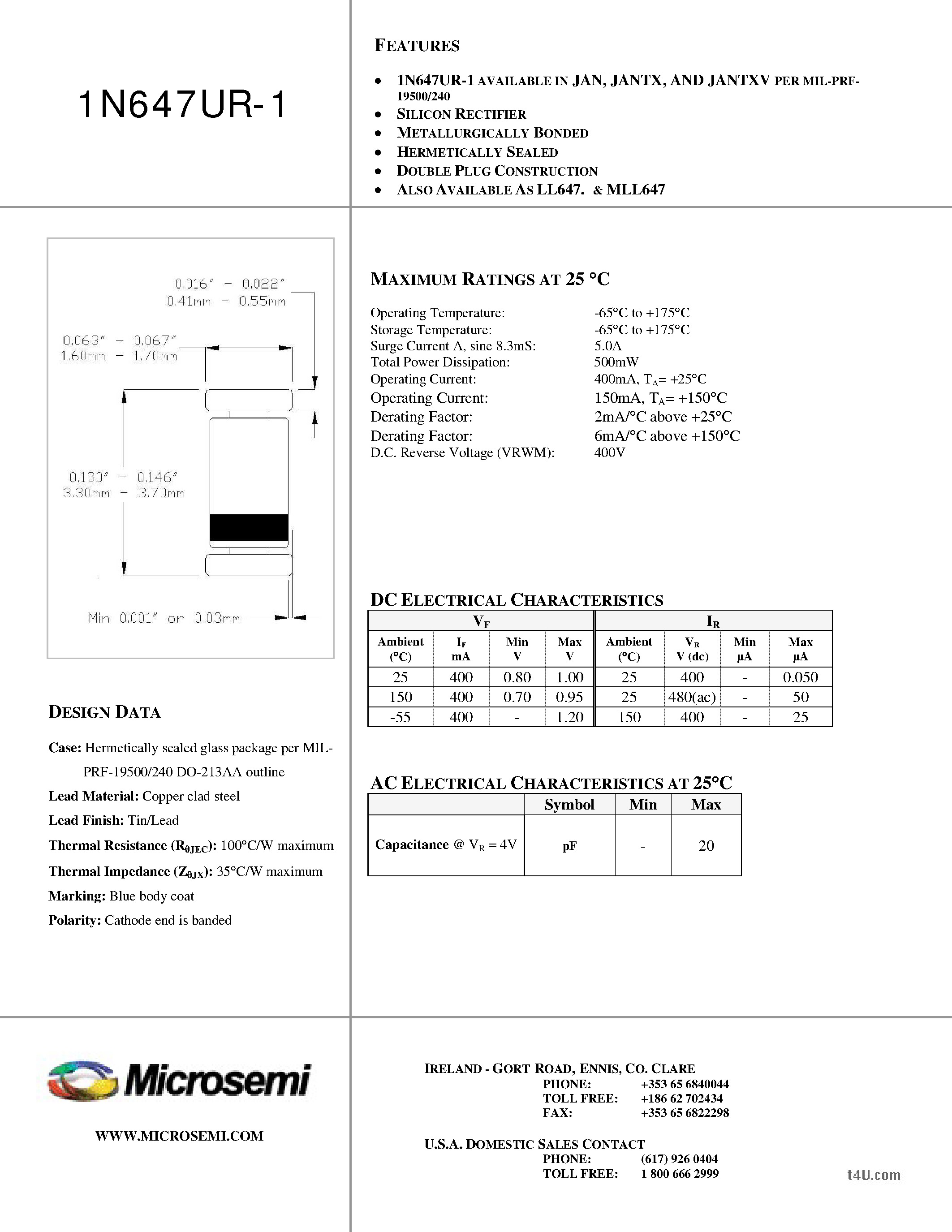 Datasheet 1N647UR-1 - SILICON RECTIFIER page 1