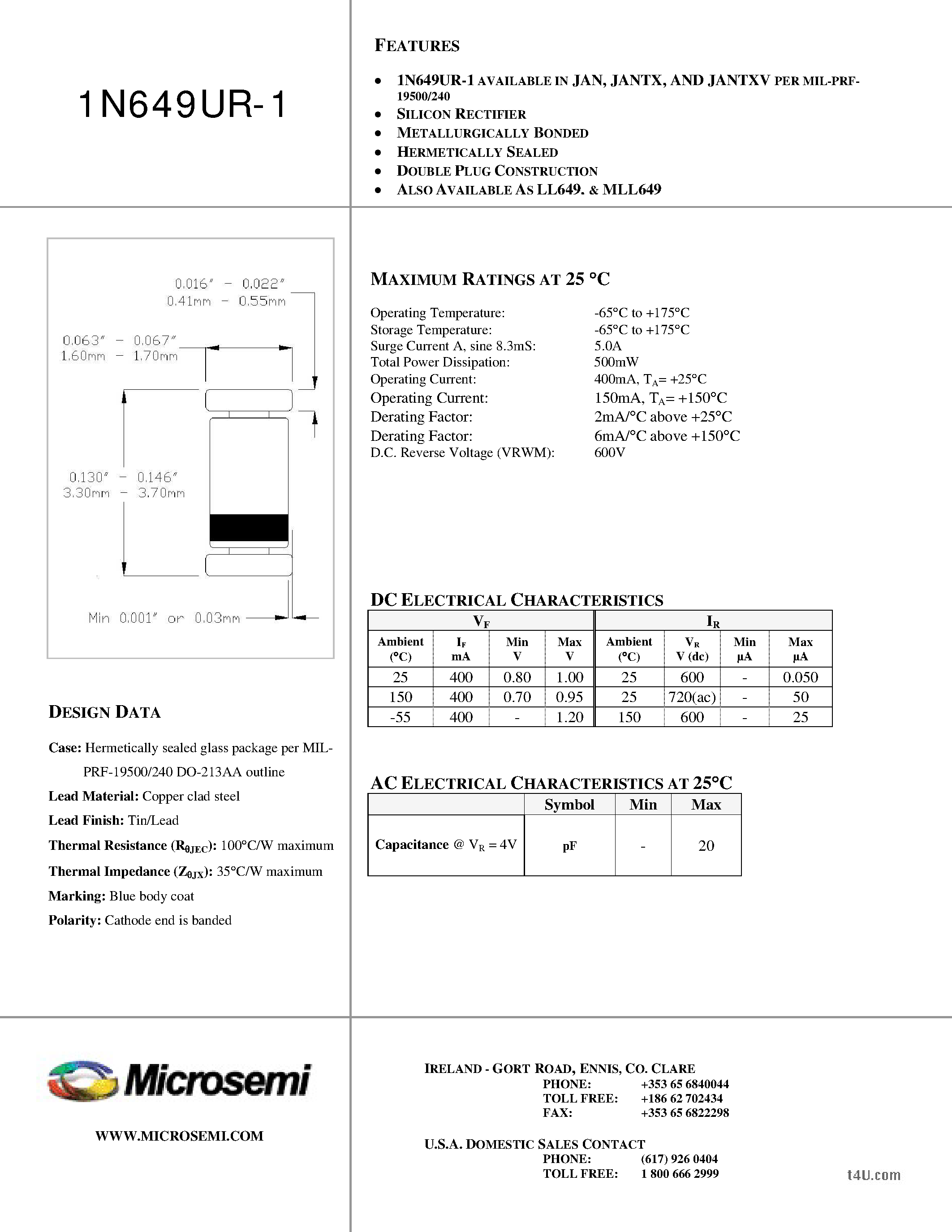 Datasheet 1N649UR-1 - SILICON RECTIFIER page 1