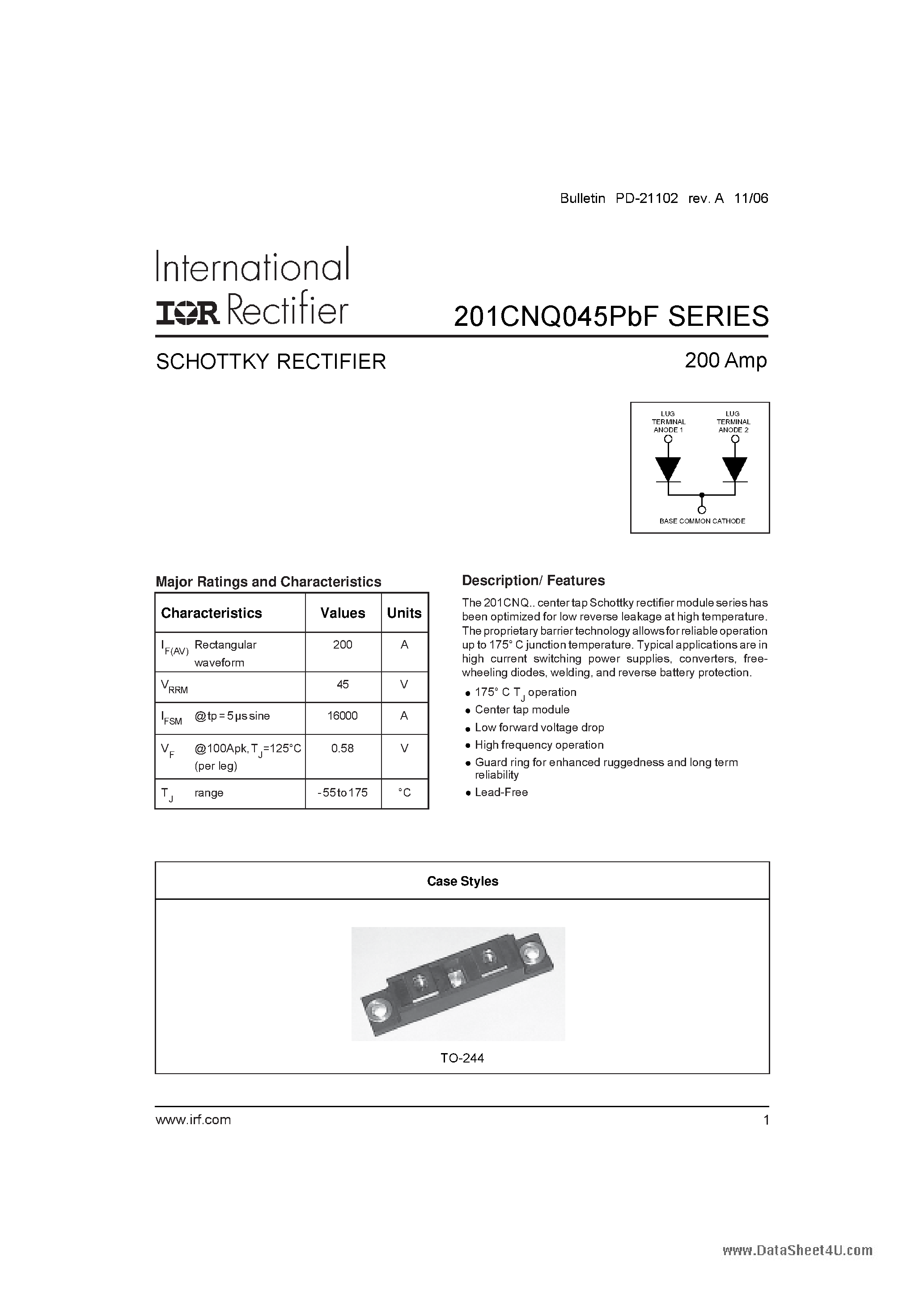 Datasheet 201CNQ045PBF - SCHOTTKY RECTIFIER page 1